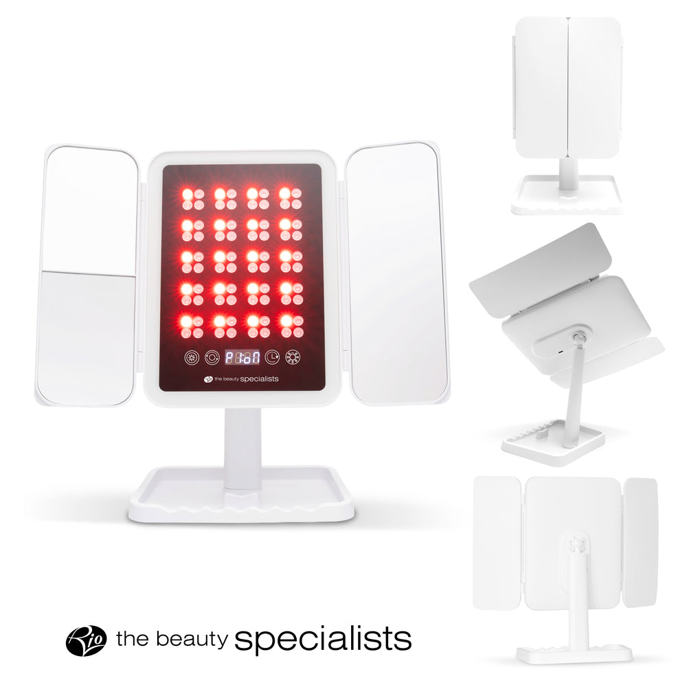 The Rio Radiance Light Therapy Panel is a white tabletop vanity mirror with three panels and central red LED lights for light therapy, shown from multiple angles. The bottom features the logo and text: the beauty specialists.