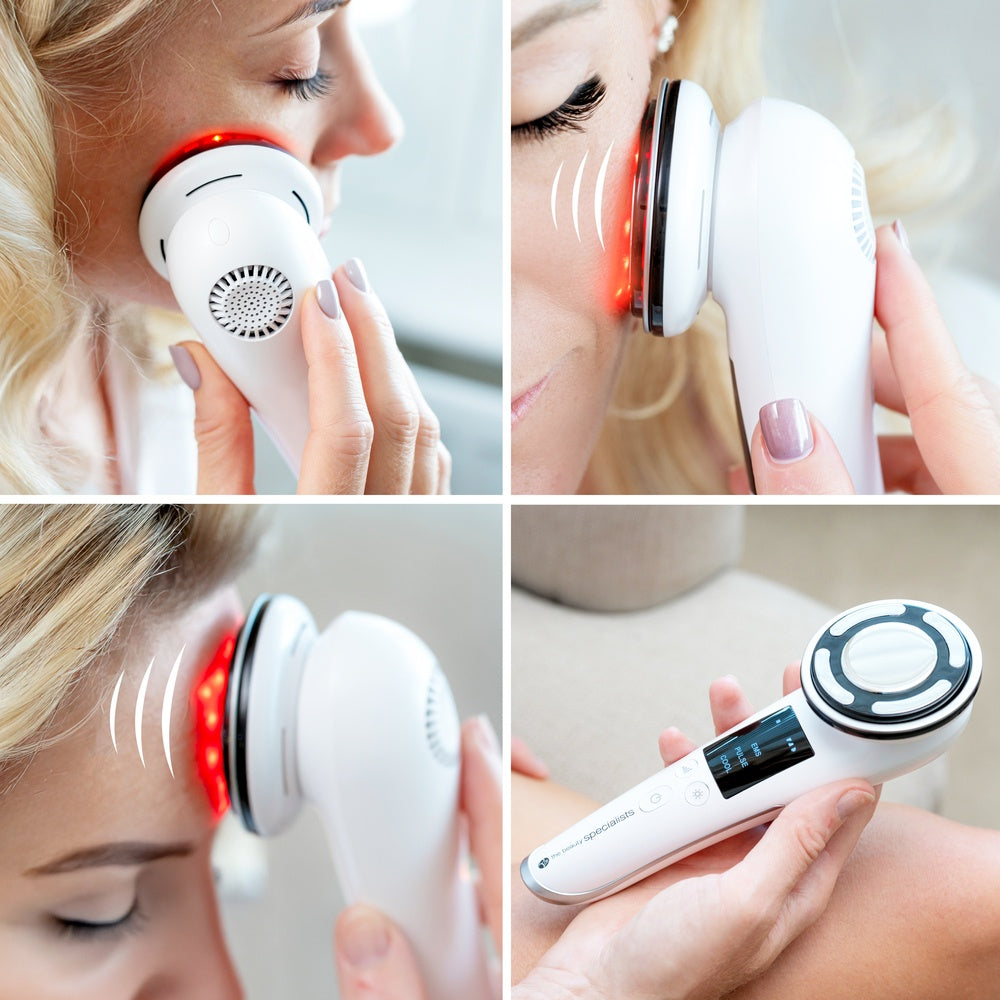 A woman uses the Rio Face Lift & Tone Beauty Spa—a white handheld anti-aging device with red LED lights and digital display—on her face in three close-ups that highlight firmer-looking skin; one image shows the device alone.