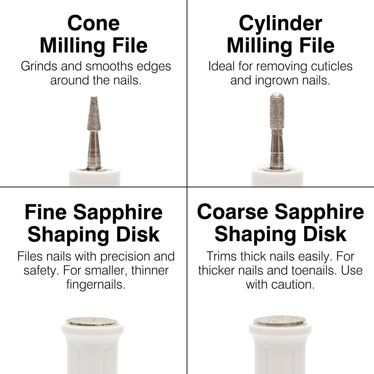 The Rio Precision Pro Electric Nail File features four tool heads: a cone milling file, cylinder milling file, fine sapphire shaping disk, and coarse sapphire shaping disk, each designed for specific precision nail care tasks.