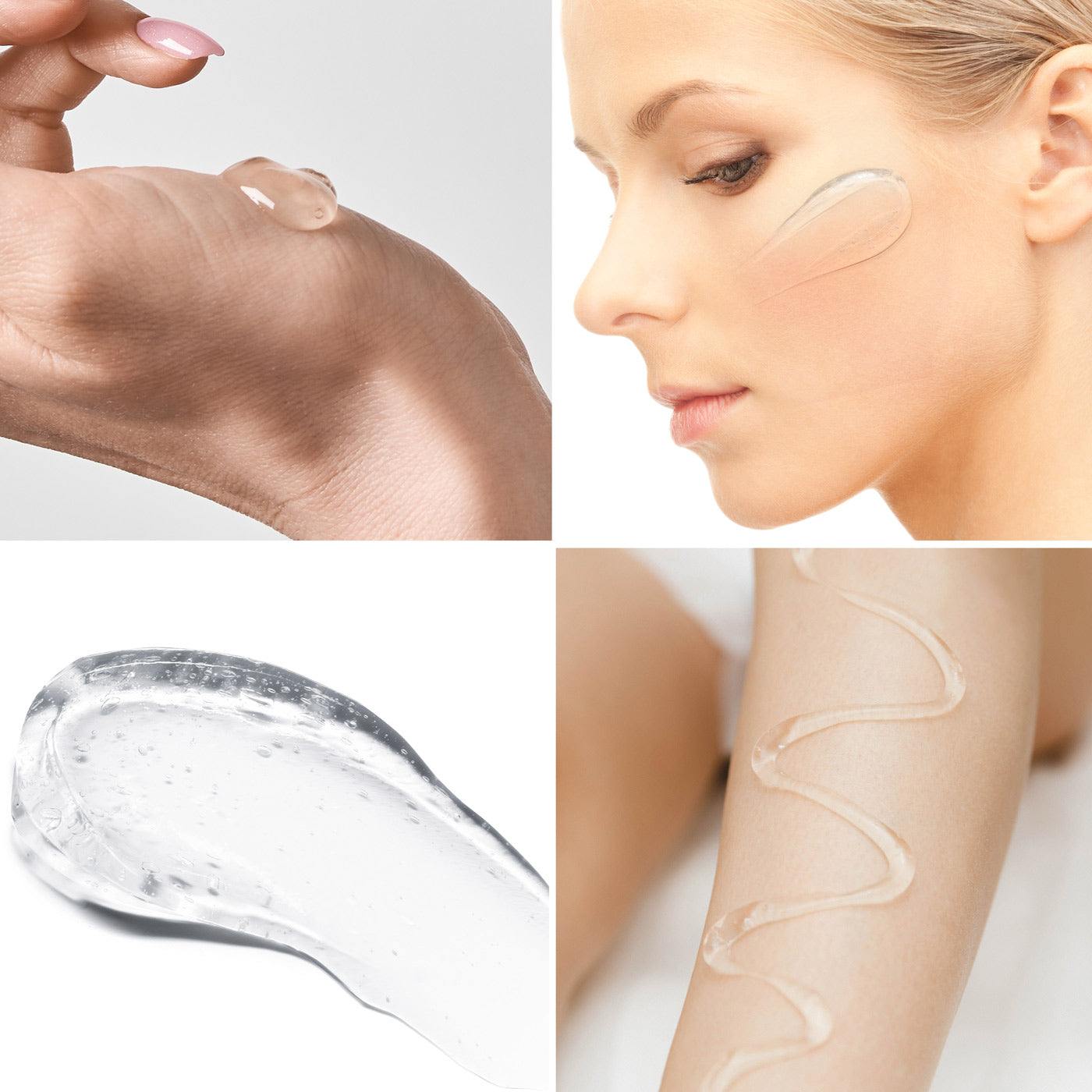 A collage shows Rio's EMS, TENS, Electrolytic and Micro-Current Toning Conductive Gel (4 x 85ml tubes) on a hand, a woman applying it to her cheek, a close-up of the clear gel, and the gel in a wavy line on an arm.