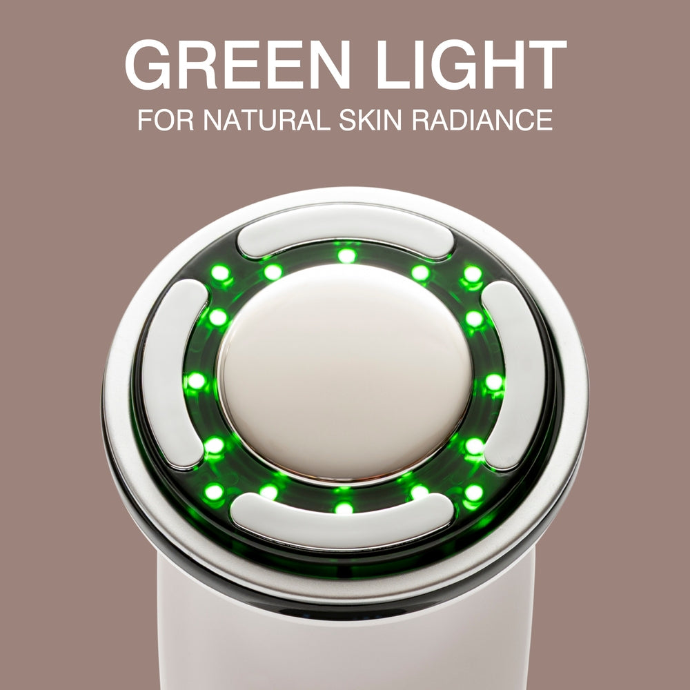 A close-up of the Rio Face Lift & Tone Beauty Spa showcases its green LED lights in a circular pattern. The text, GREEN LIGHT FOR NATURAL SKIN RADIANCE, appears above on a taupe background, promising firmer-looking skin.