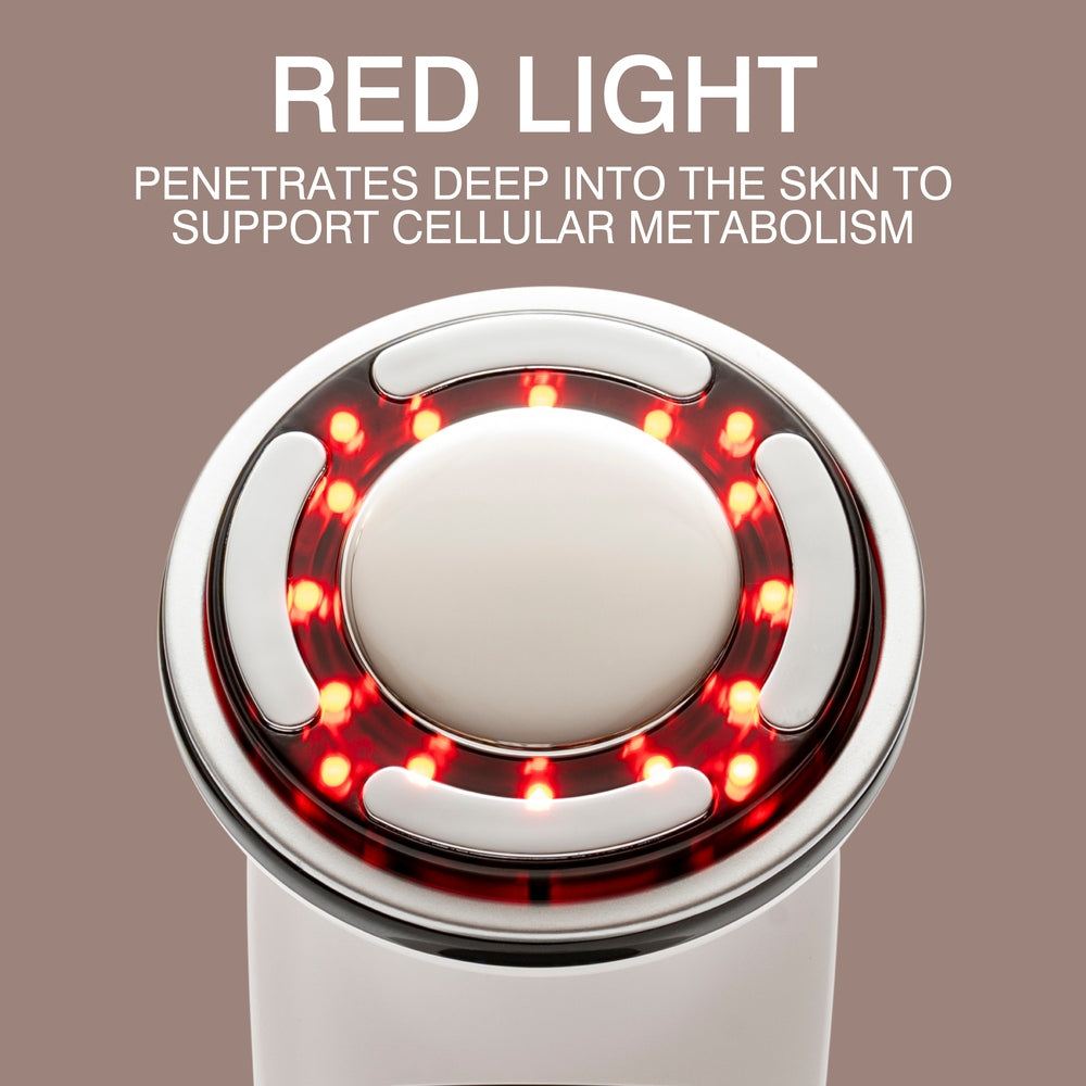 A close-up of the Rio Face Lift & Tone Beauty Spa shows red LEDs in a circular pattern. Text above: Red light penetrates to help cellular metabolism, promoting firmer-looking skin. Background is soft taupe.