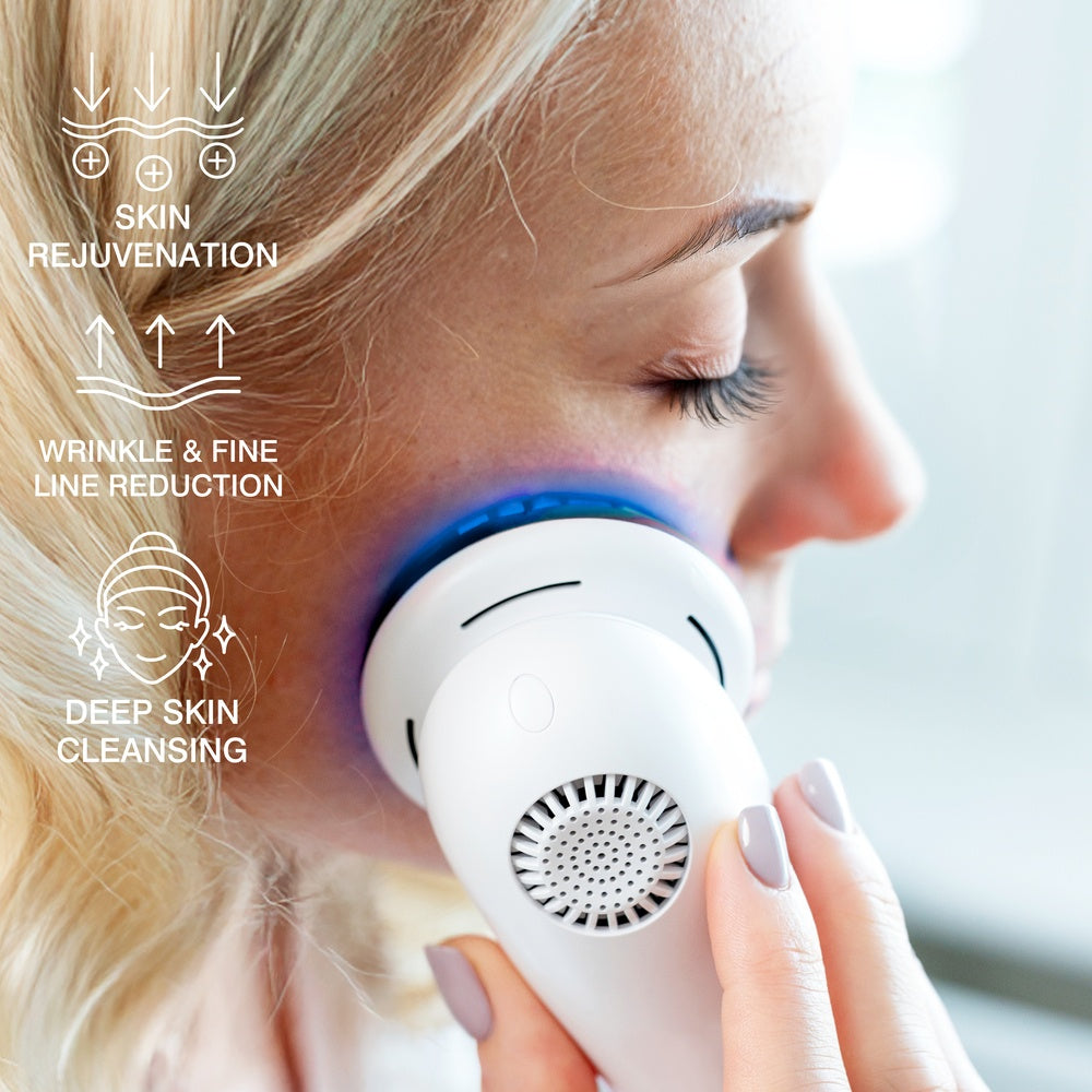 A woman uses the Rio Face Lift & Tone Beauty Spa, a white device with blue light, on her cheek. On-screen text highlights benefits: skin rejuvenation, wrinkle and fine line reduction, firmer-looking skin, and deep cleansing.