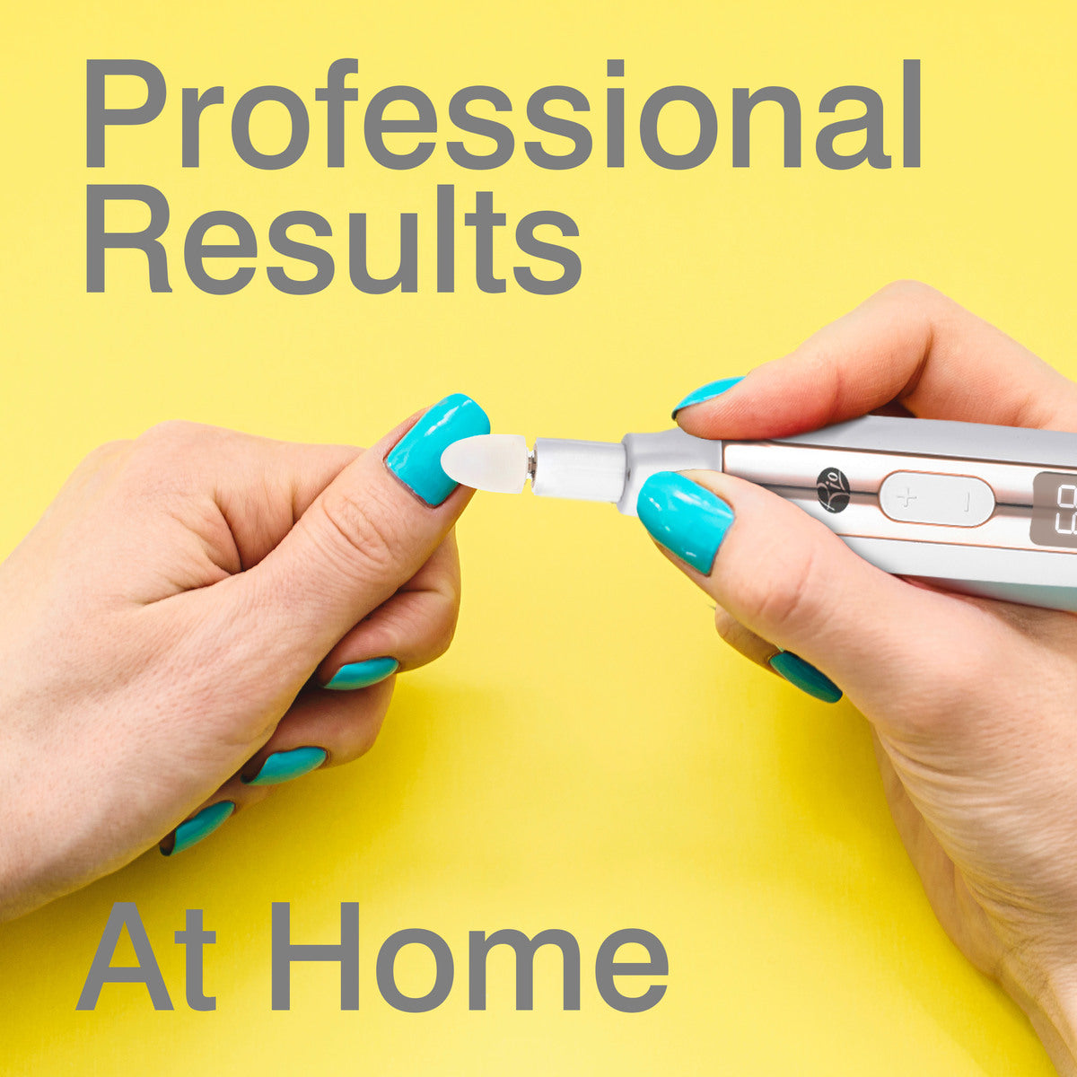 A person with bright blue nail polish uses the Rio Precision Pro Electric Nail File on their fingernail against a yellow background, demonstrating professional nail care and precision. Text reads: Professional Results At Home.