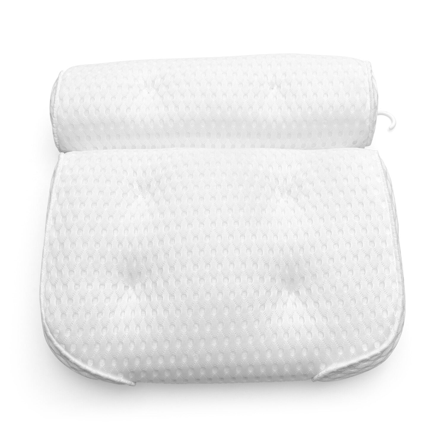 The Rio Luxury Bath Spa Pillow features a white, textured, tufted design with a cylindrical headrest and a large rectangular backrest, shown against a plain white background.