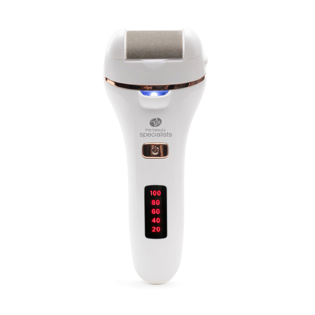 The white Rio Go Smooth 60 Second Pedi features a digital red display, a metallic Replacement Gentle Roller at the top, and a button with the beauty specialists logo below the roller.