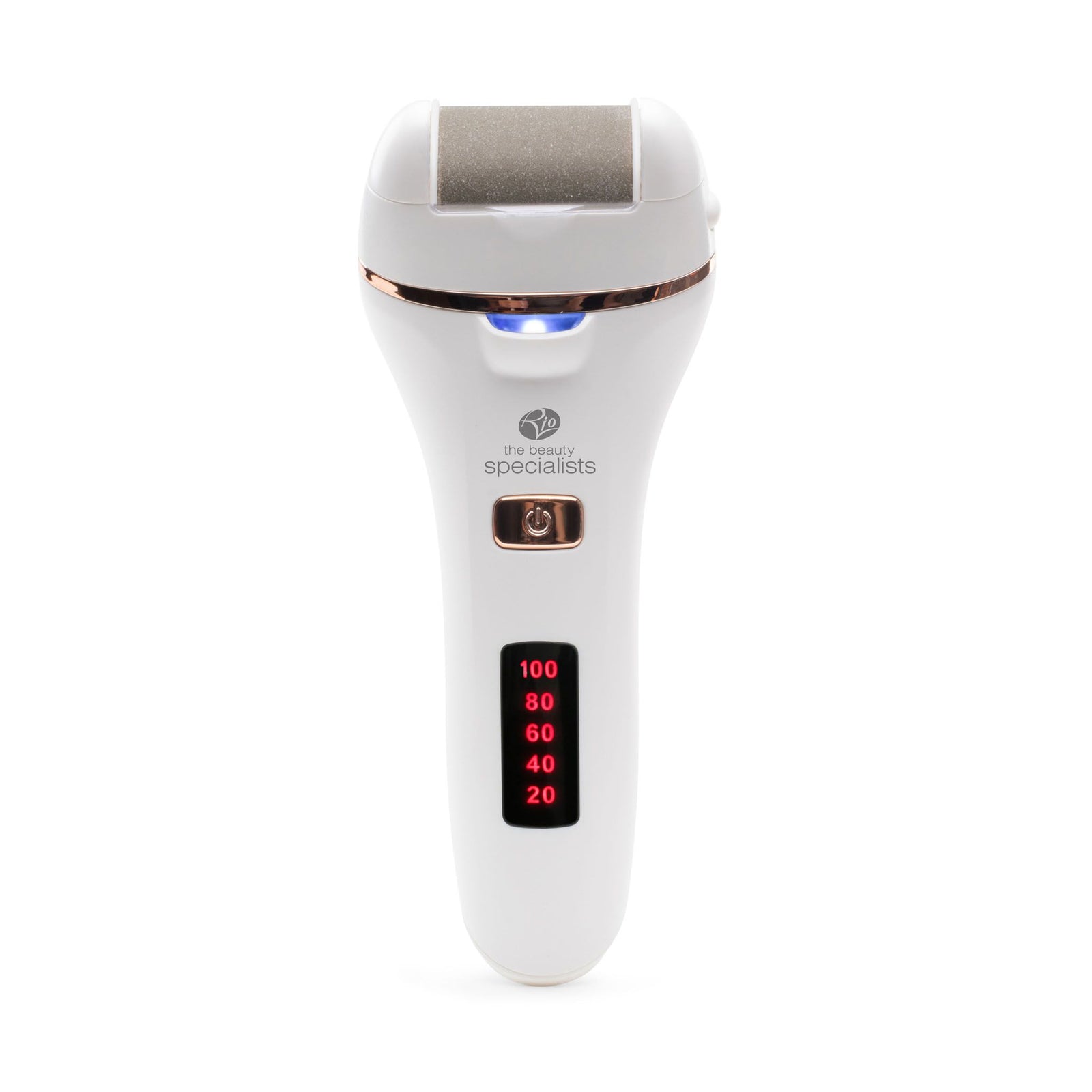 The Rio Go Smooth 60 Second Pedi Replacement Coarse Roller is a white electric foot file with digital display, on/off button, and coarse roller head for effective hard skin removal and pedicure.