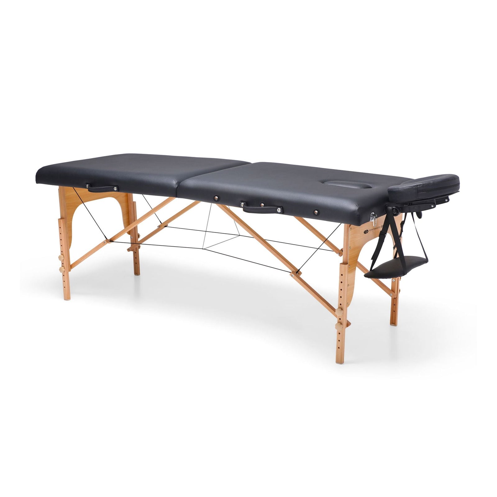 The Rio Professional Ultra-Light Portable Massage Table, featuring a black finish, wooden legs, adjustable height, and a face cradle attachment, is set up on a white background—perfect for professional massage sessions.