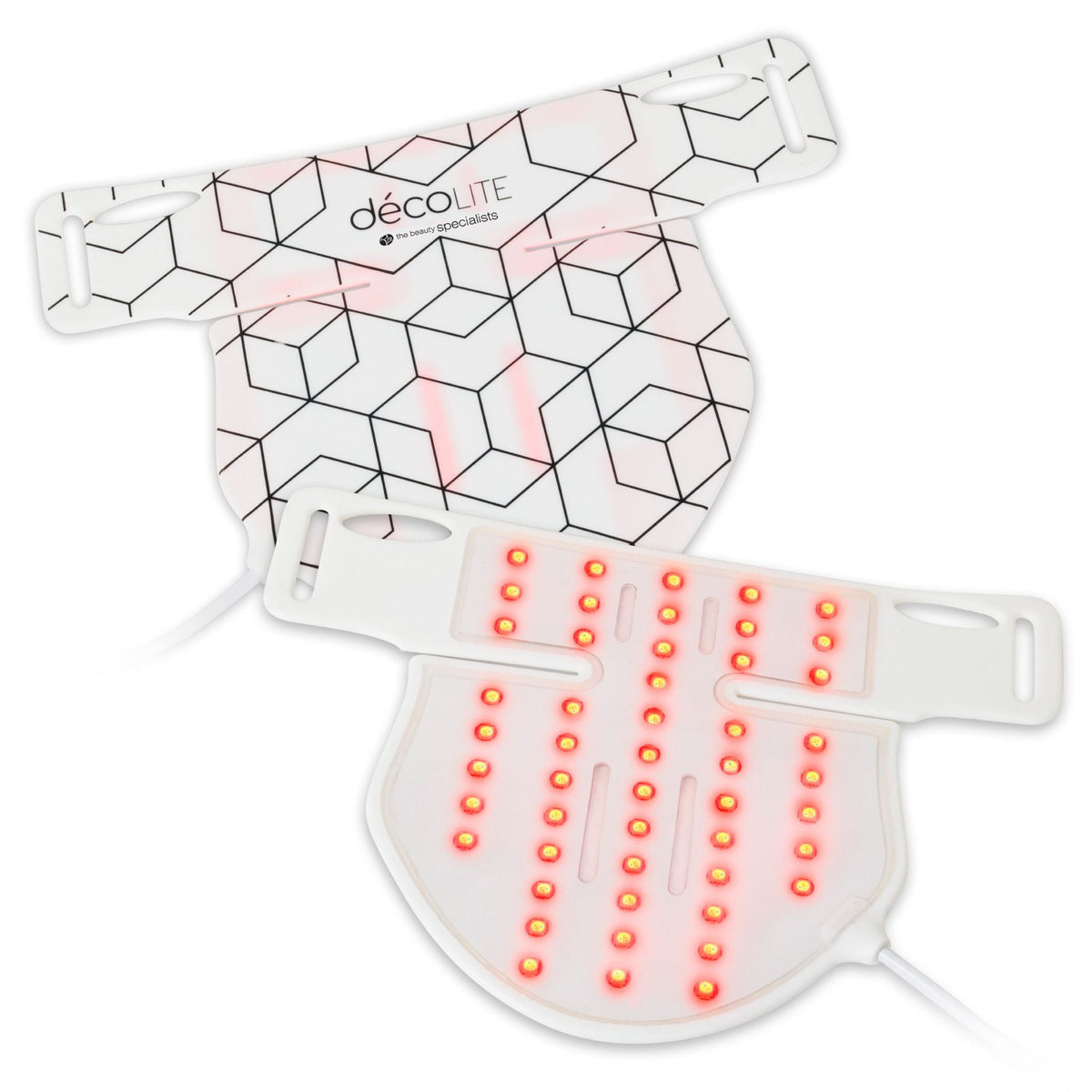 Front and rear of the decoLITE LED light treatment soft-fit mask with LED red lights shining.