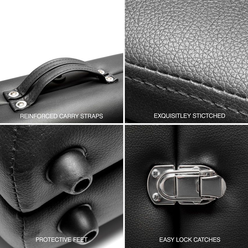 A collage of four close-ups highlights features of the Rio Professional Ultra-Light Portable Massage Table: reinforced straps, fine stitching, protective feet, and a shiny lock. Each is labeled with descriptive text.
