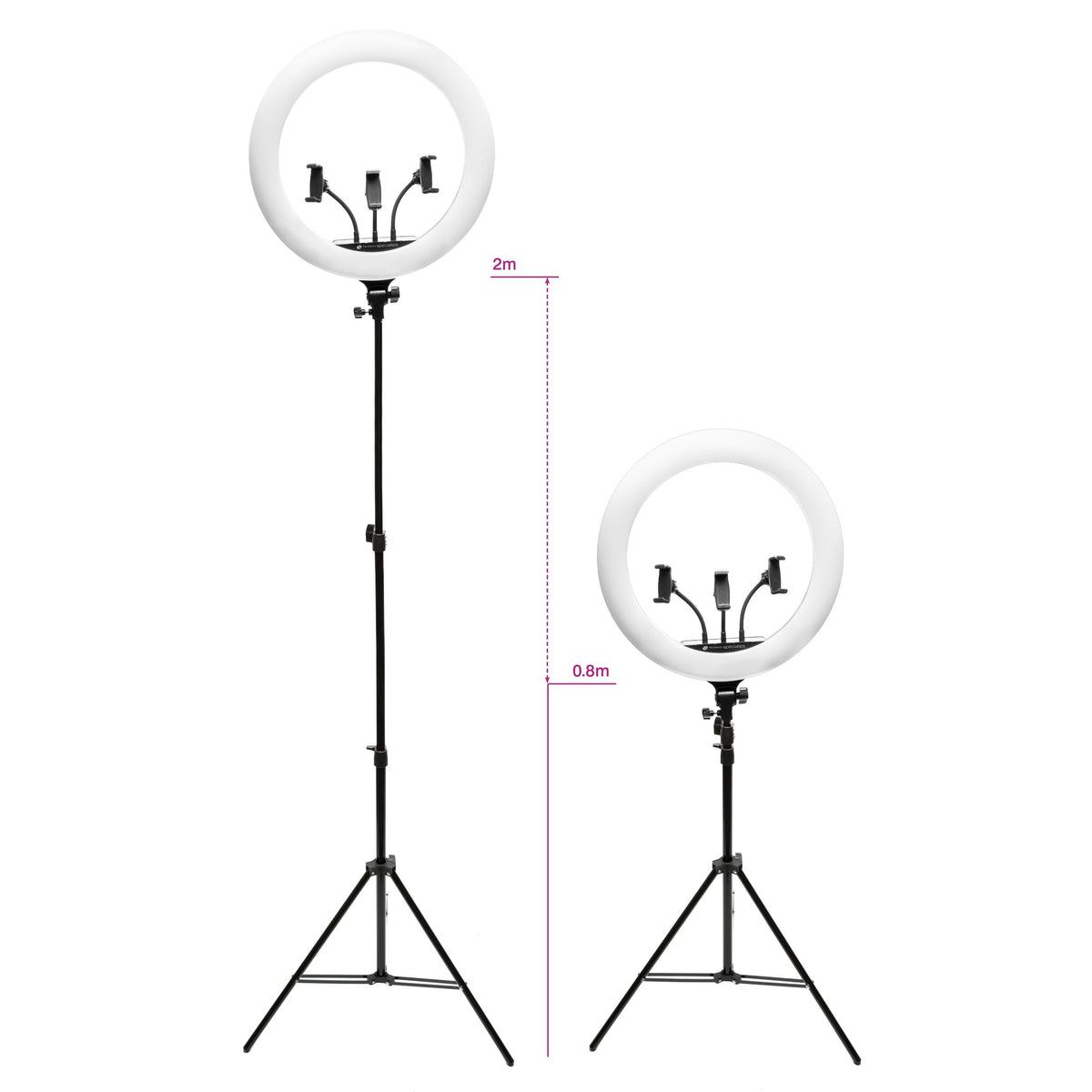 Two Rio Professional Makeup & Vlogging 18-inch Dimmable LED Ring Lights with phone holders are shown on tripods, one 2m and the other 0.8m tall, both featuring circular white LEDs for studio-quality lighting.