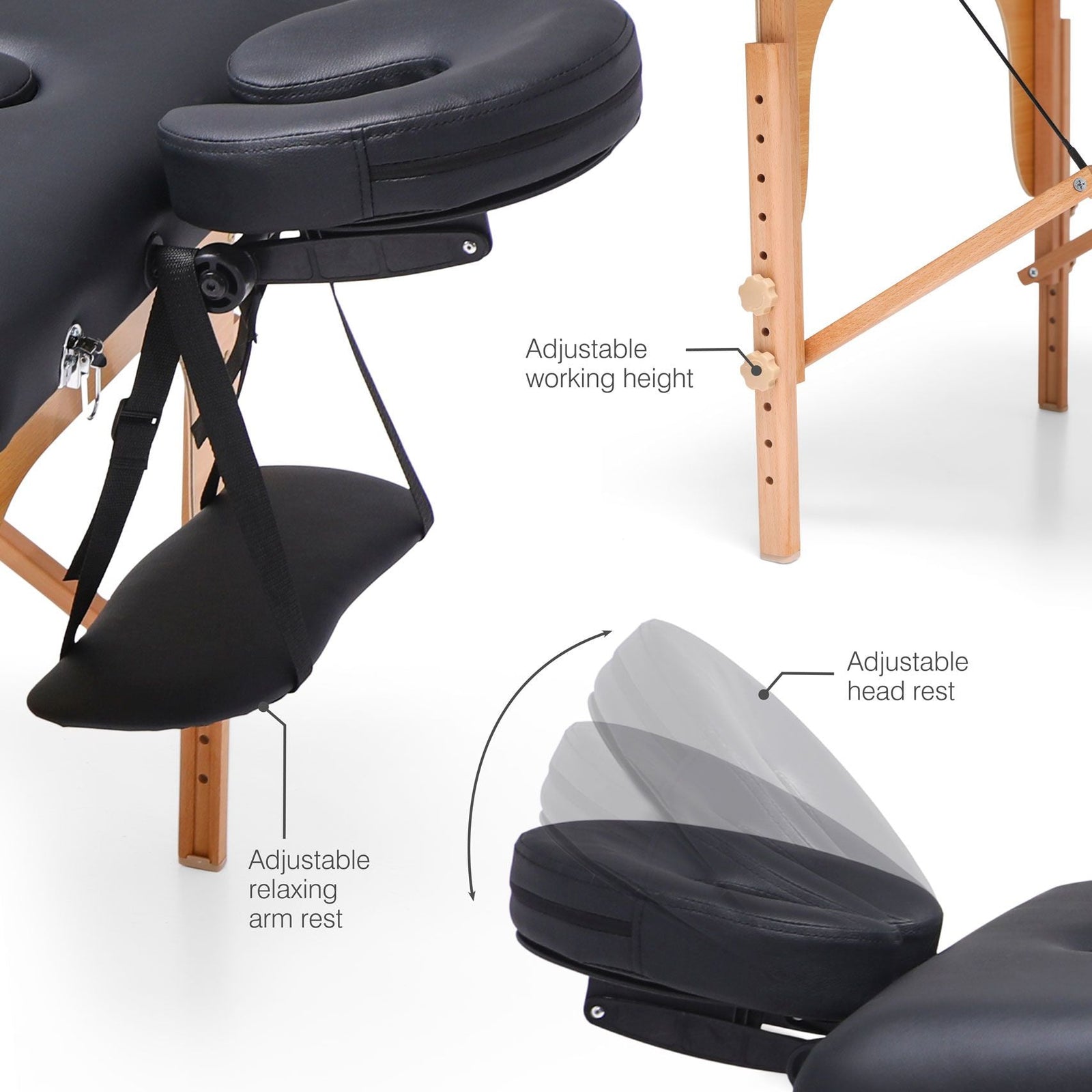 The Rio Professional Ultra-Light Portable Massage Table features sturdy wooden legs, an adjustable headrest with multiple positions, a relaxing arm rest, and adjustable working height—perfect for professional massage treatments.