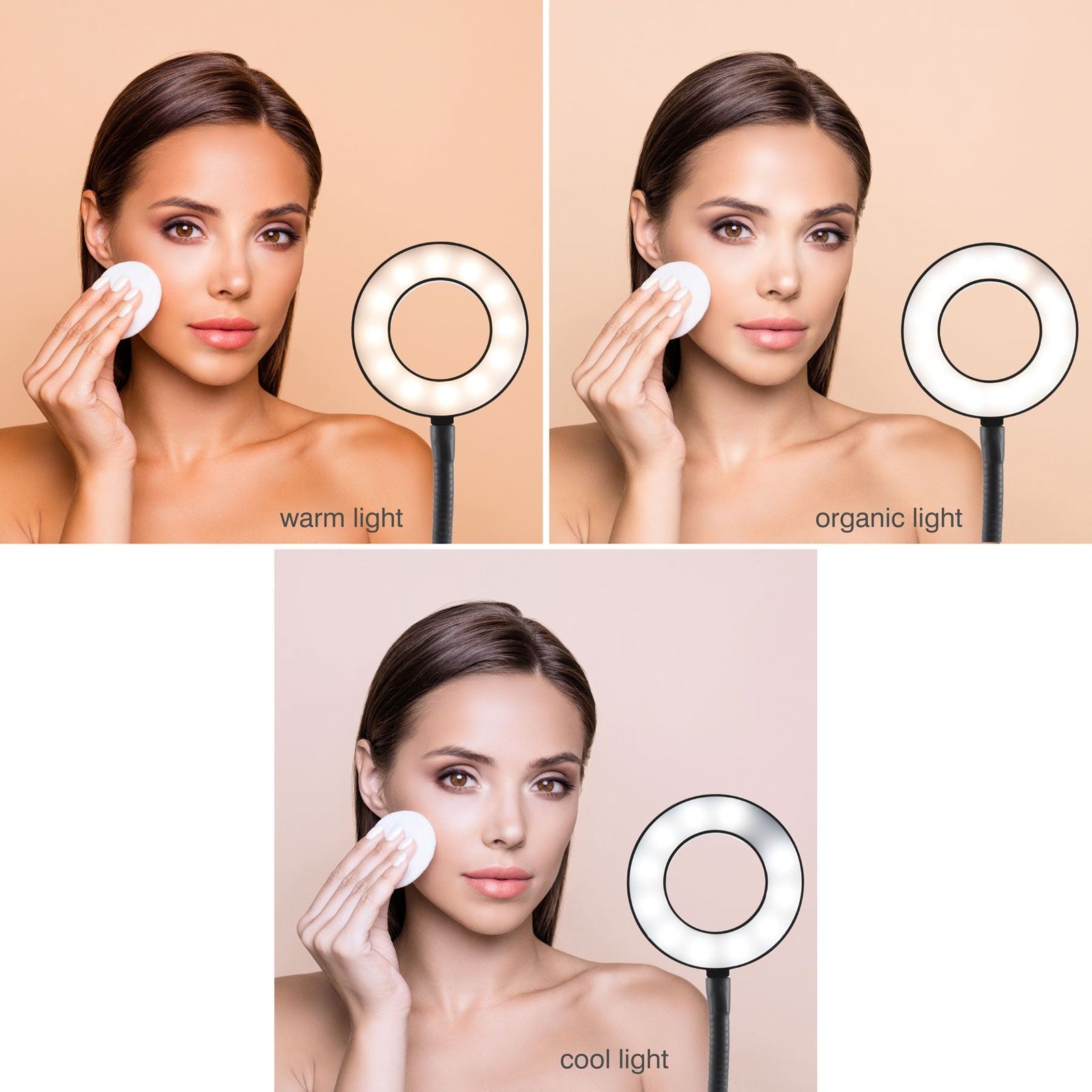 A woman uses a cotton pad on her cheek under three modes—warm, organic, and cool—of the Rio Beauty Station LED Ring Light, which highlights varied tones on her face and background.