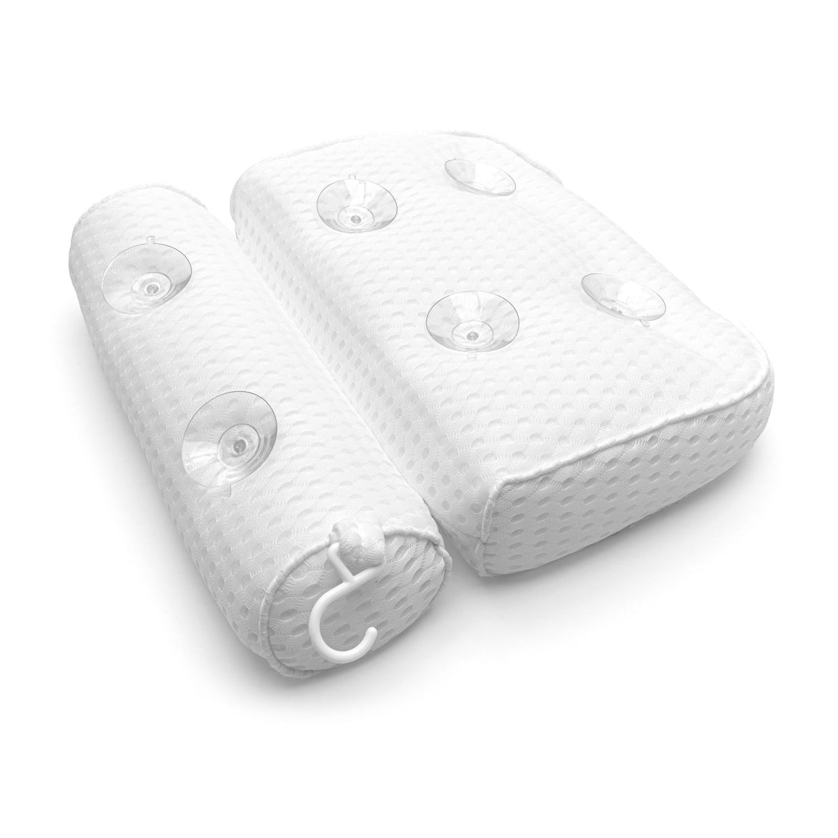 The Rio Luxury Bath Spa Pillow set includes one rectangular and one cylindrical white textured pillow with suction cups and a hanging hook, providing ultimate comfort during your bath.
