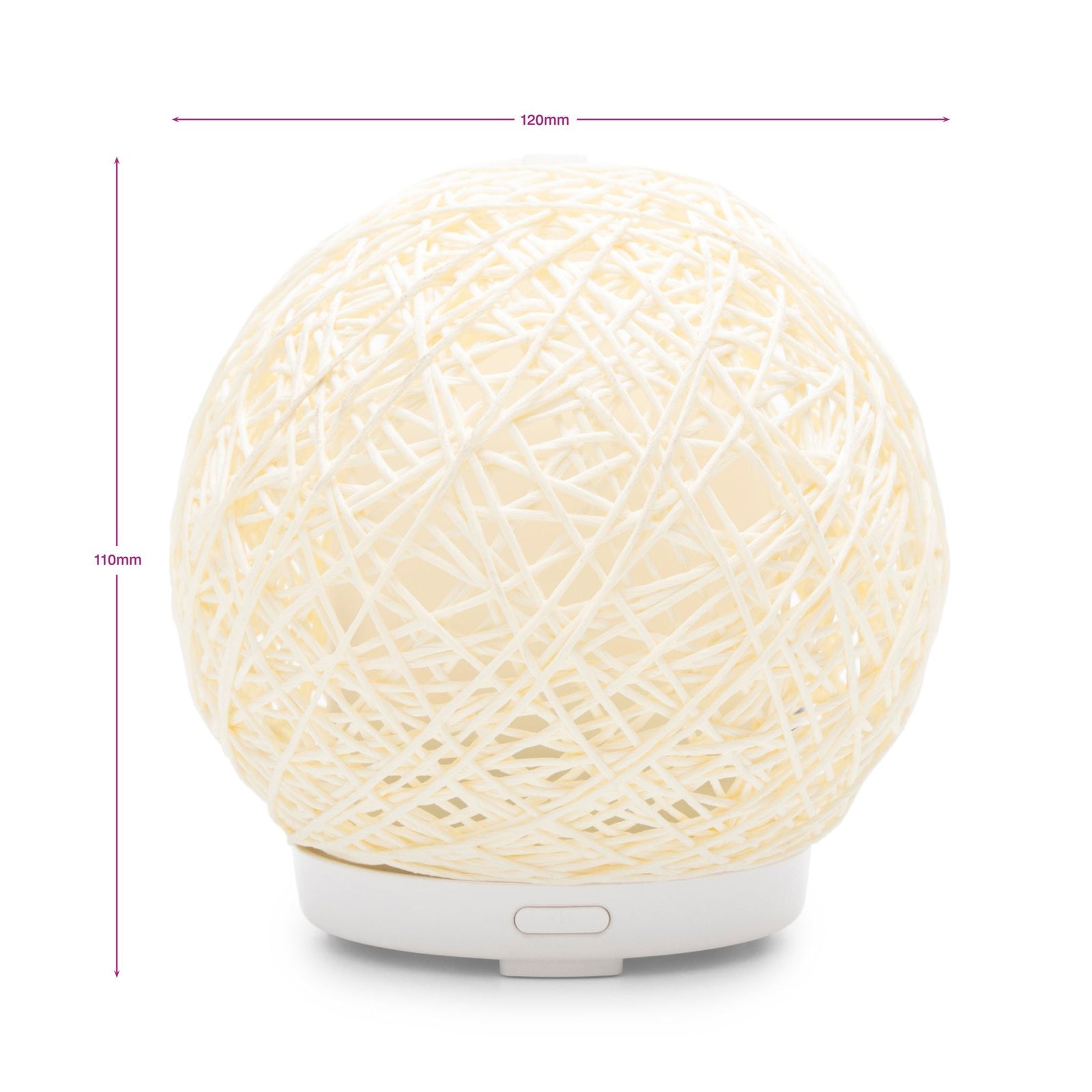 The Rio Lola Aroma Diffuser, Humidifier, and Night Light features a woven string spherical design on a white base (120mm x 110mm) with a small rectangular button—ideal for creating a tranquil atmosphere in any room.
