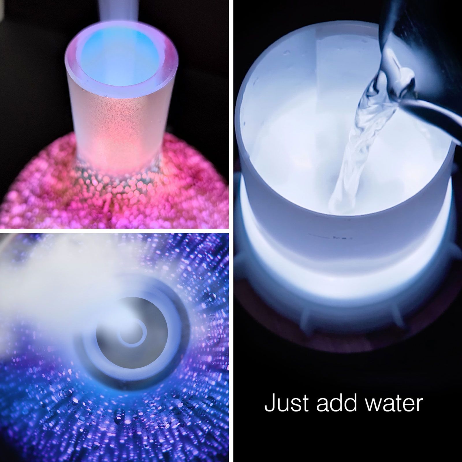 Collage of three images: the Rio ELLA Aroma Diffuser, Humidifier and Night-Light glowing with mist, water being added, and a top-down mist view. Text: Just add water for a relaxing atmosphere.