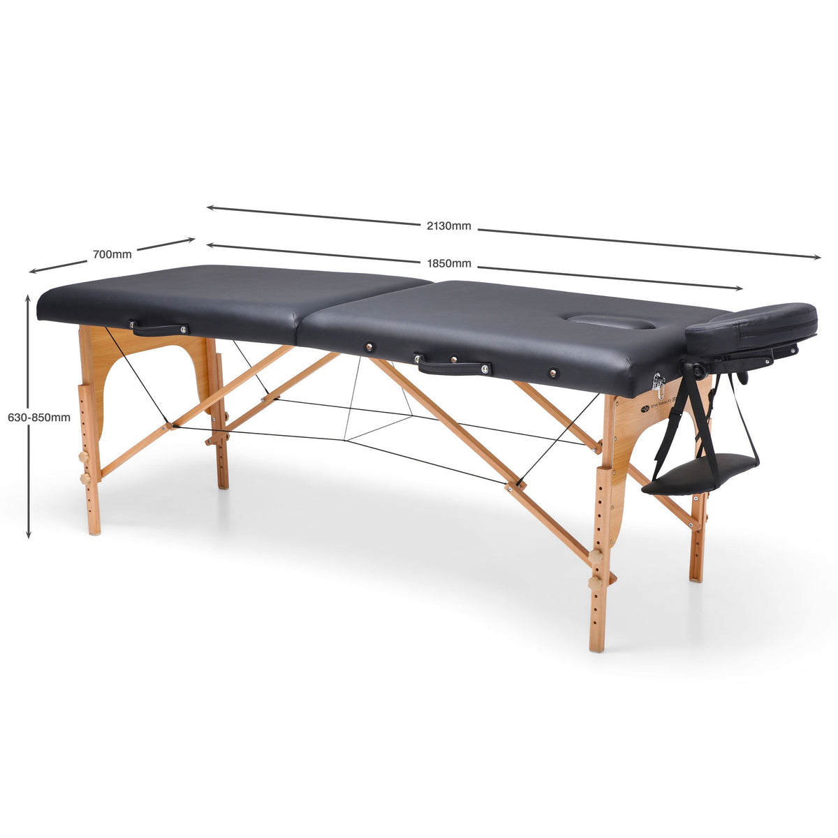 The Rio Professional Ultra-Light Portable Massage Table features a black finish, wooden legs, height-adjustable frame (630–850mm), and face cradle. Dimensions: 2130mm (with cradle), 1850mm (without), 700mm wide—perfect for professional treatments.