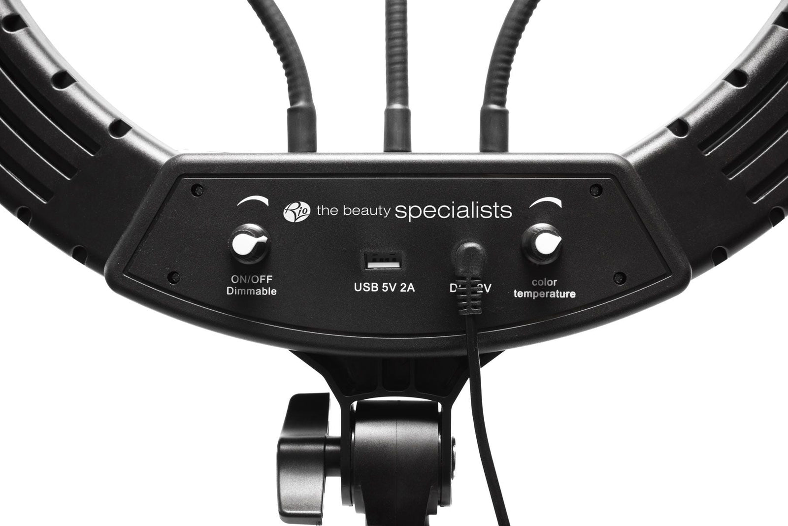 Close-up of the Rio Professional Makeup & Vlogging 18-inch Dimmable LED Ring Light’s control panel, showing on/off, dimming, color temperature controls, USB port, and power input—ideal for studio-quality makeup lighting.