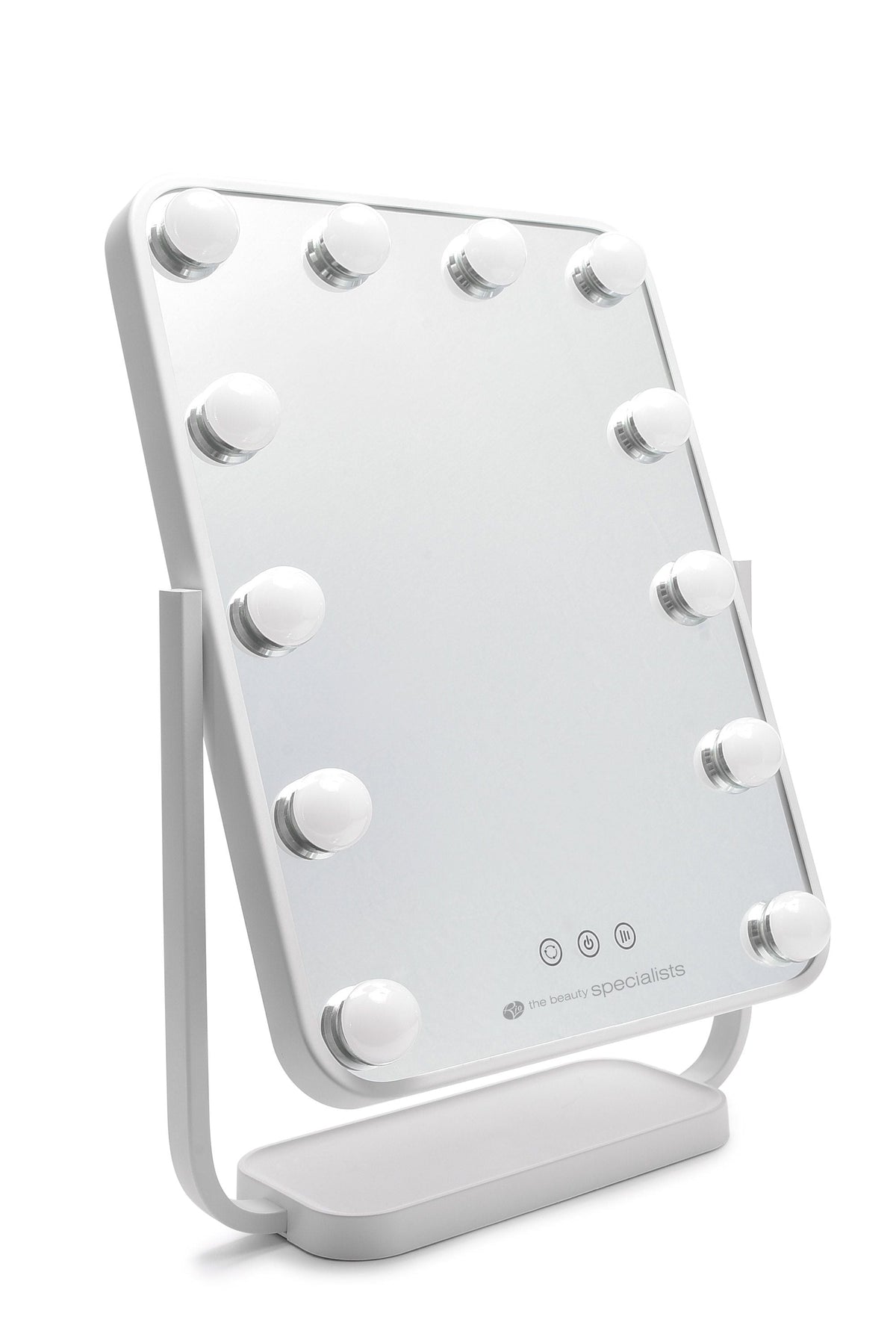 angled view of hollywood glamour dressing table mirror with mirror tilted back