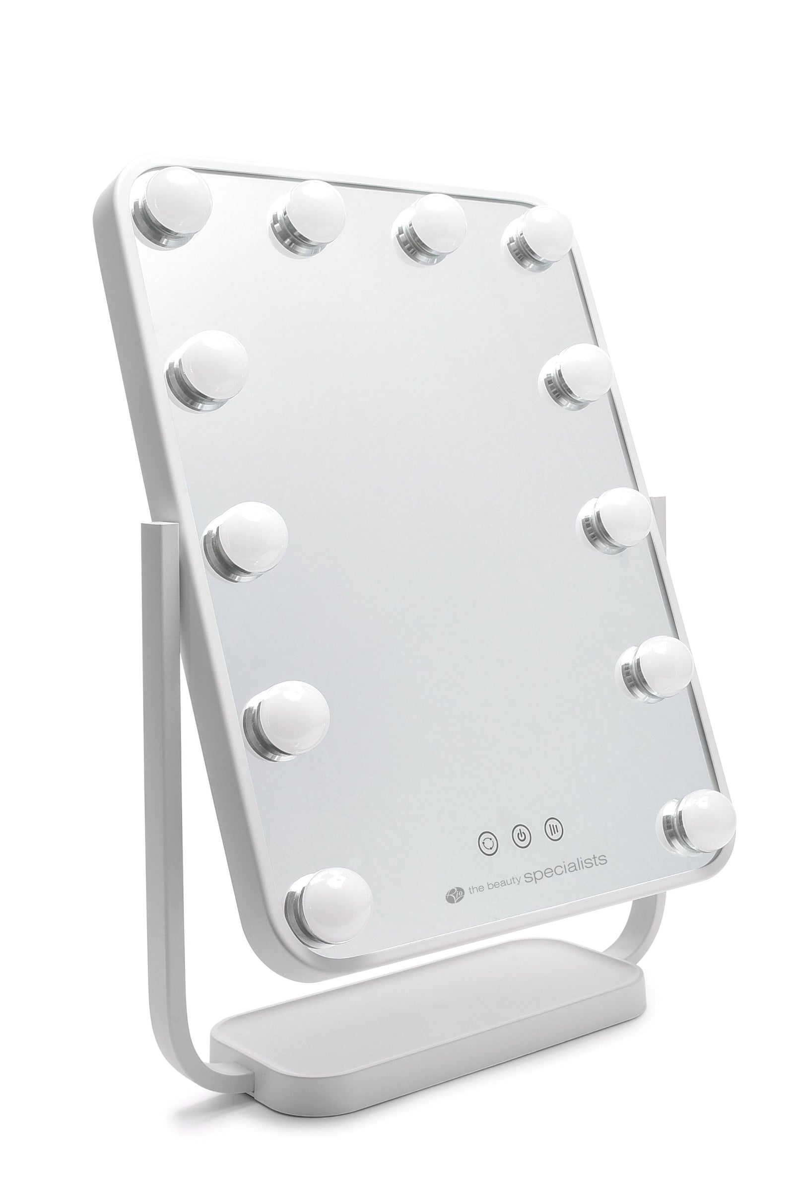 angled view of hollywood glamour dressing table mirror with mirror tilted back