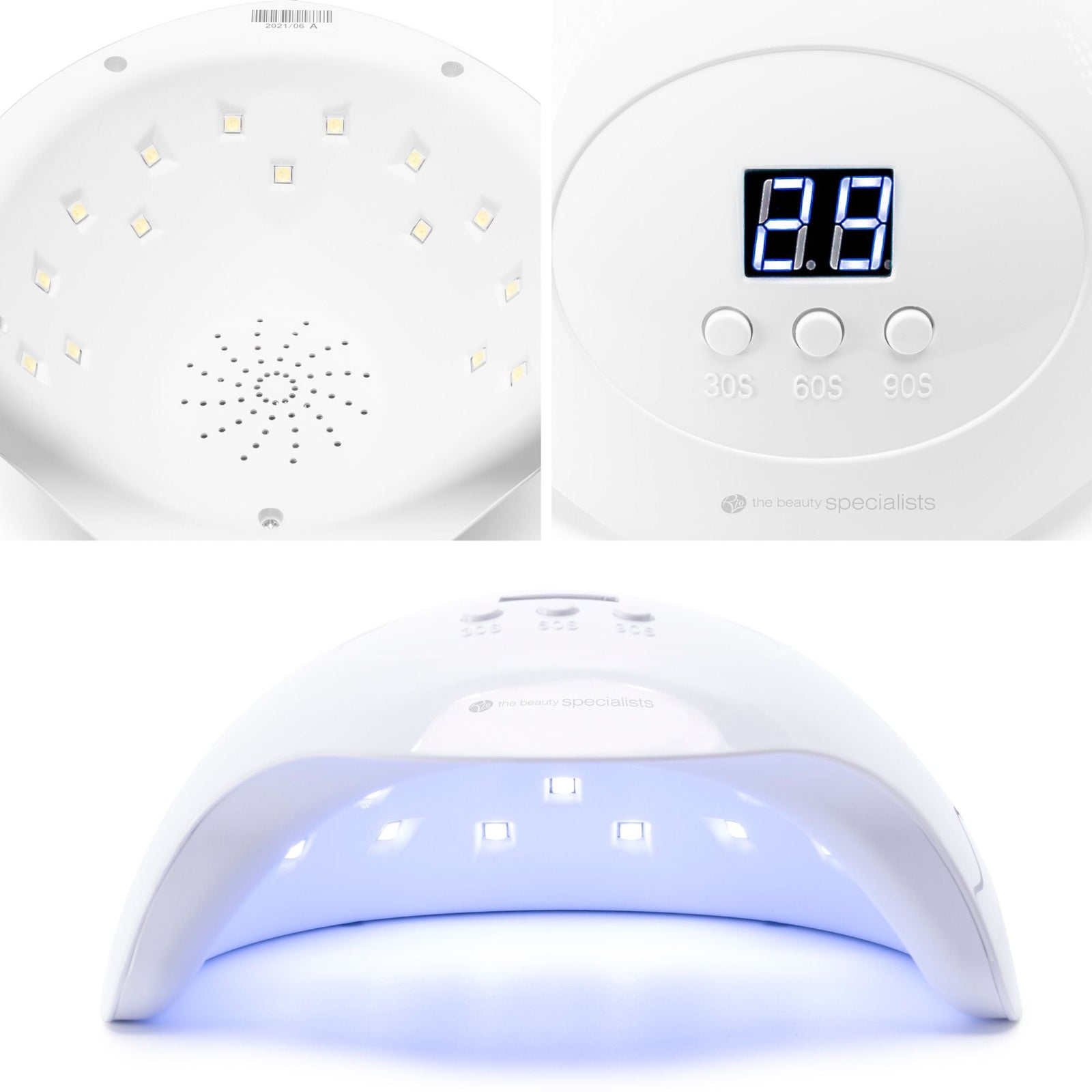 close up of LED lights, digital display screen and blue UV light