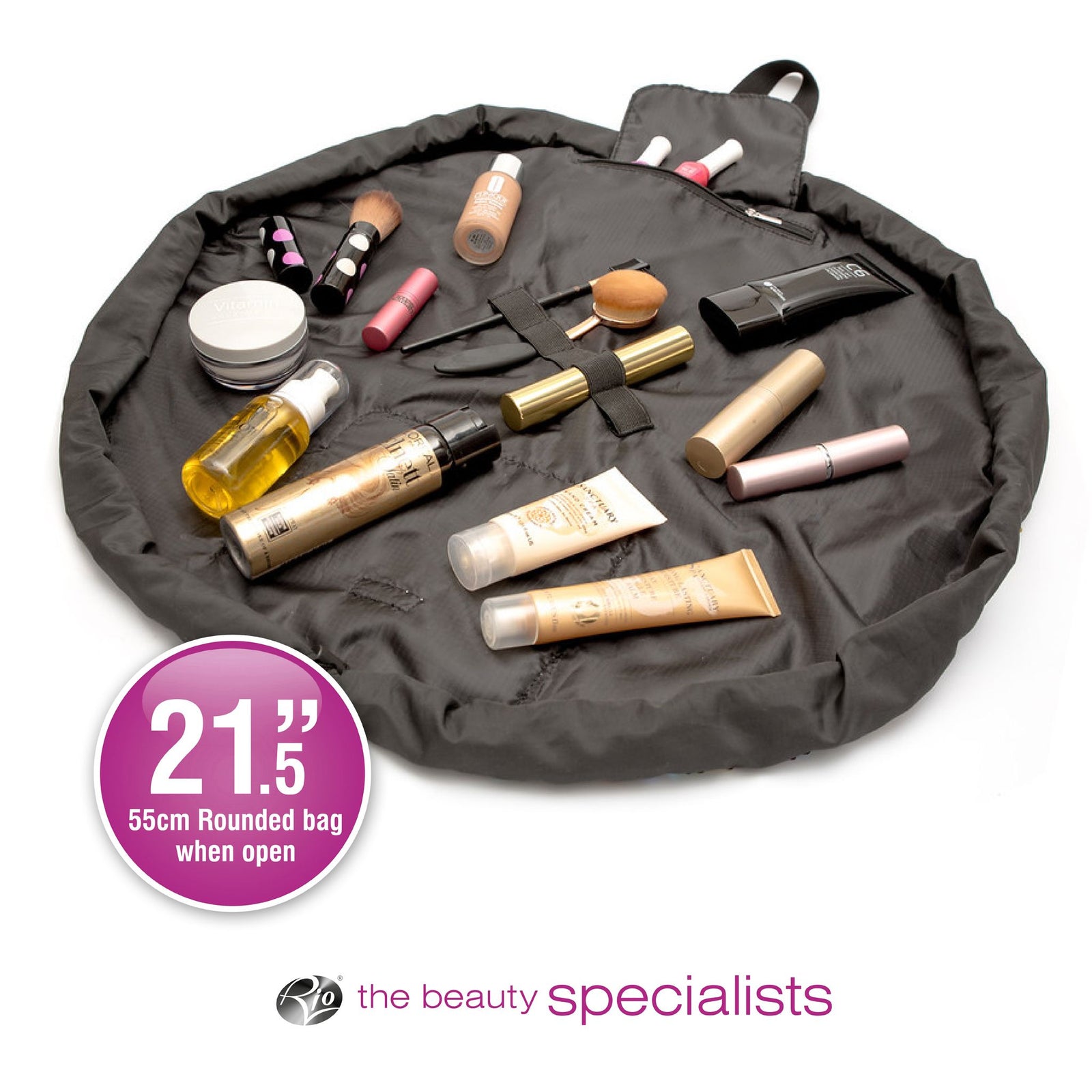 The Rio Pack-Pull-Go Beauty Essentials Bag, in black, opens to a 21.5 (55cm) round shape and displays bottles, brushes, lipsticks, and tubes inside—your ideal compact travel companion. 21.5 / 55cm Rounded bag when open.