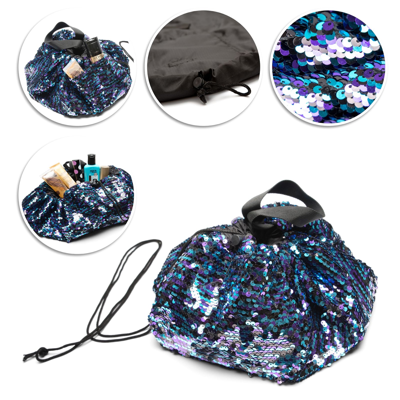 The Rio Pack-Pull-Go Beauty Essentials Bag, covered in blue, purple, and silver sequins, is shown open with toiletries inside, partially closed, and fully closed with handles and drawstring in four detailed views.