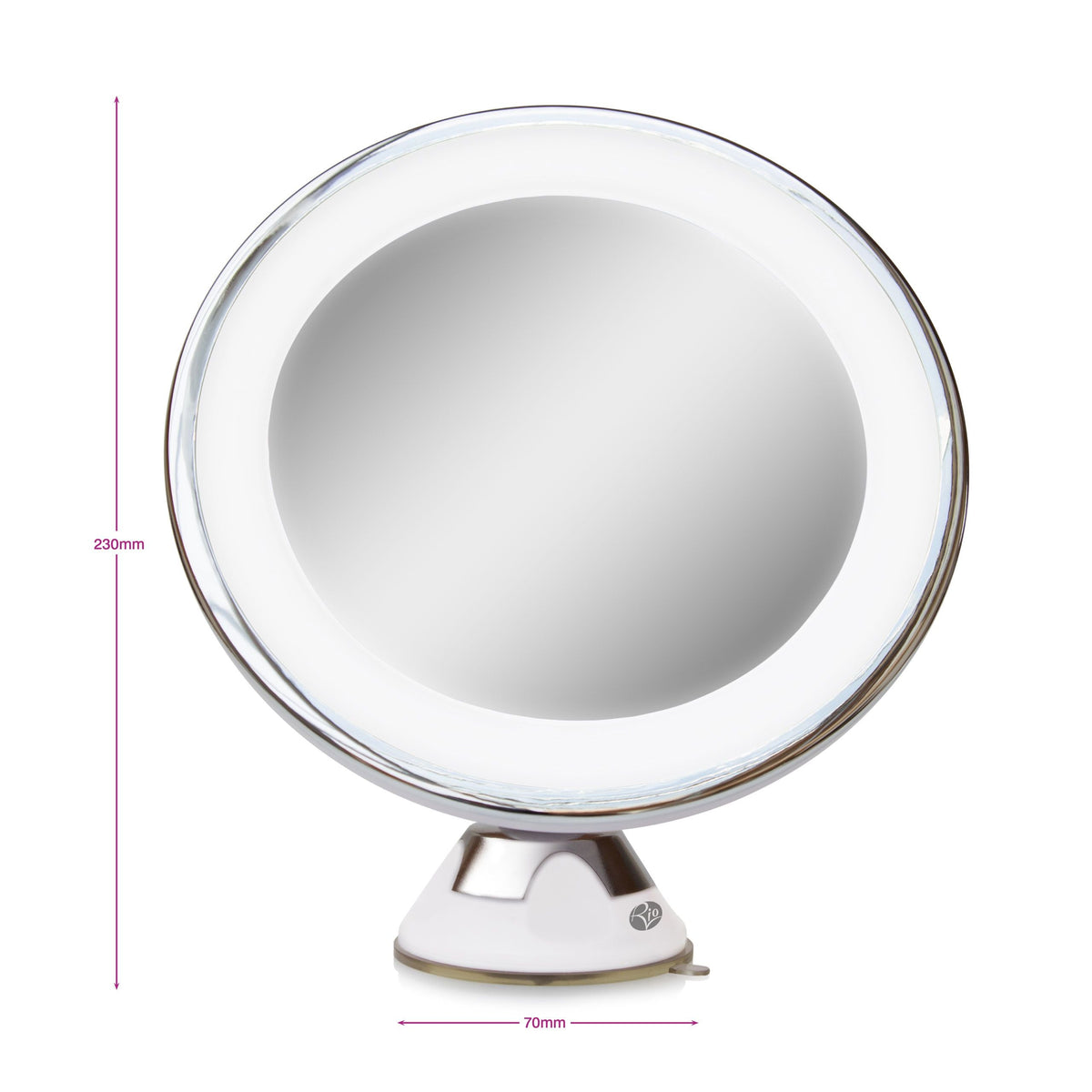 Multi use LED illuminated make up mirror with suction cup base and mirror tilted back with arrows labelling height 230mm and width 70mm