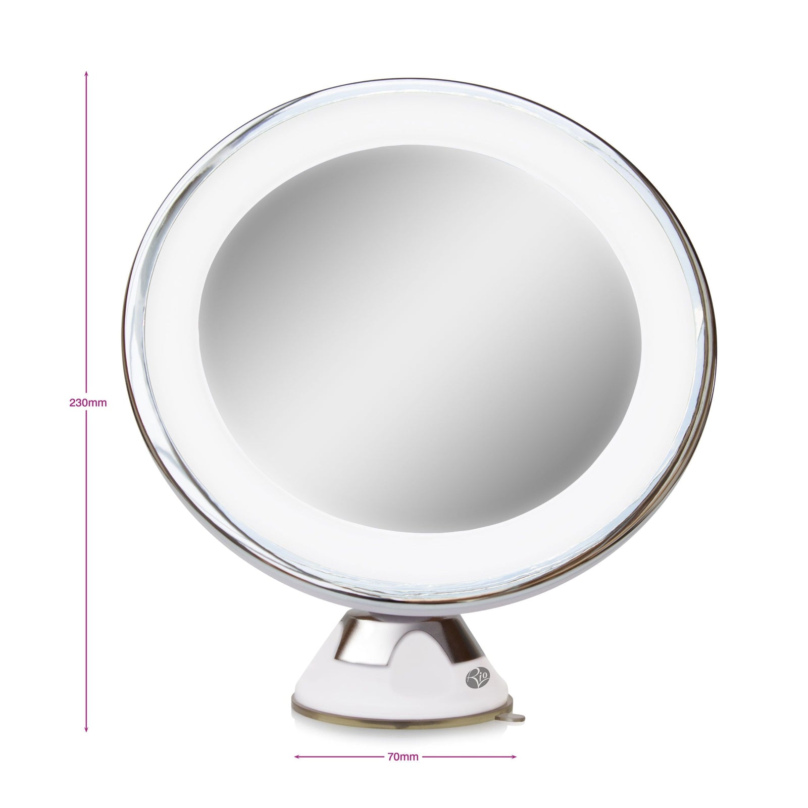 Multi use LED illuminated make up mirror with suction cup base and mirror tilted back with arrows labelling height 230mm and width 70mm