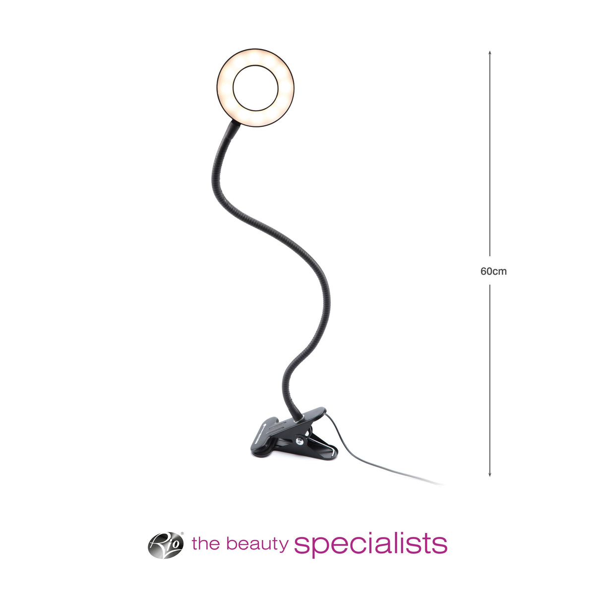 The Rio Beauty Station LED Ring Light is a 60 cm tall flexible lamp with a clip base. It is plug-in operated, and the Rio branding for beauty specialists appears at the bottom of the image.