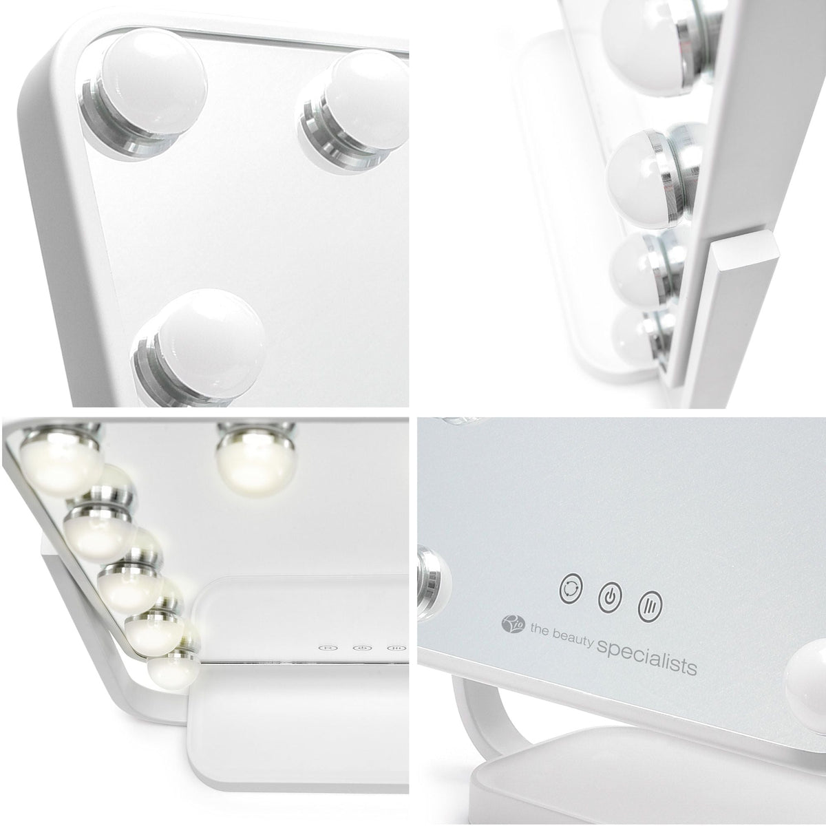 collage of close up shots of hollywood glamour dressing table mirror including LED light bulbs dressing table stand illuminated LED bulbs and touch sensor controls