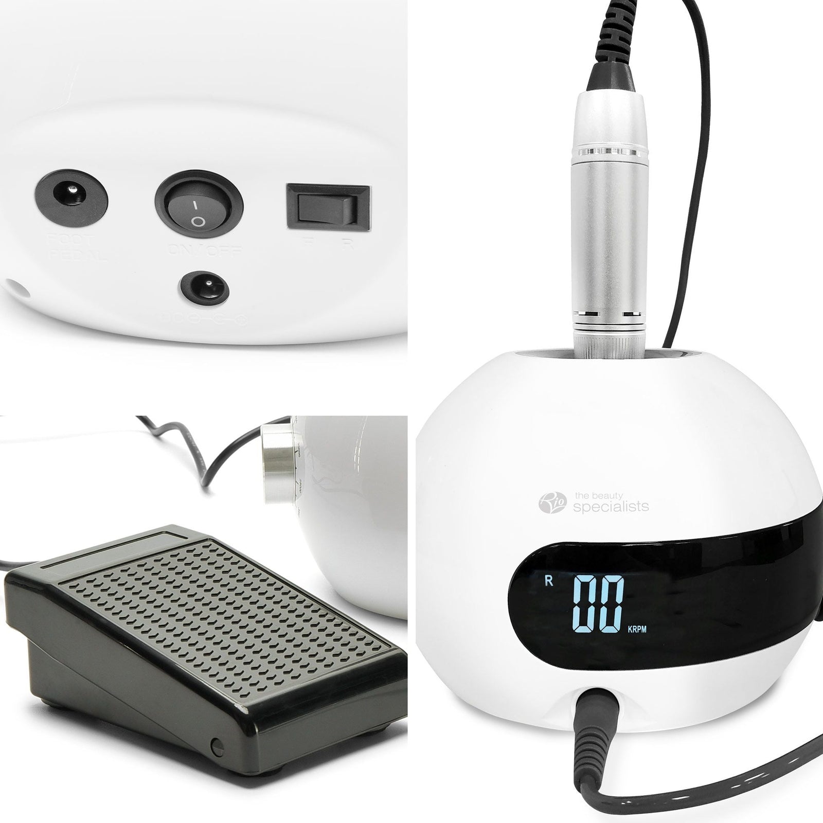 close up of various parts of salon electric nail file including on off switch and cable ports, foot pedal control, and digital display screen