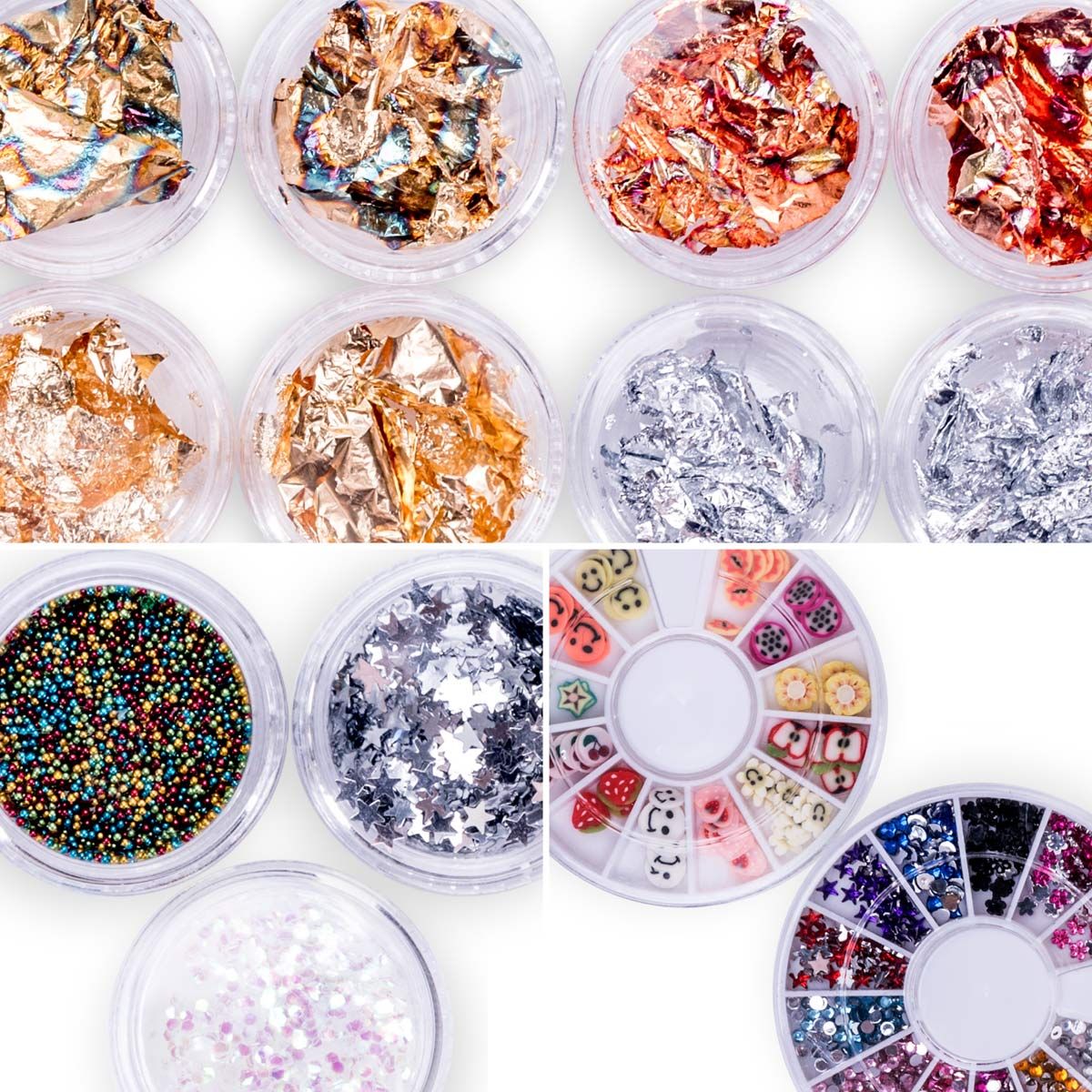 close up of nail foils, loose glitter and bead bots, and 2D decorative gems and rhinestones 