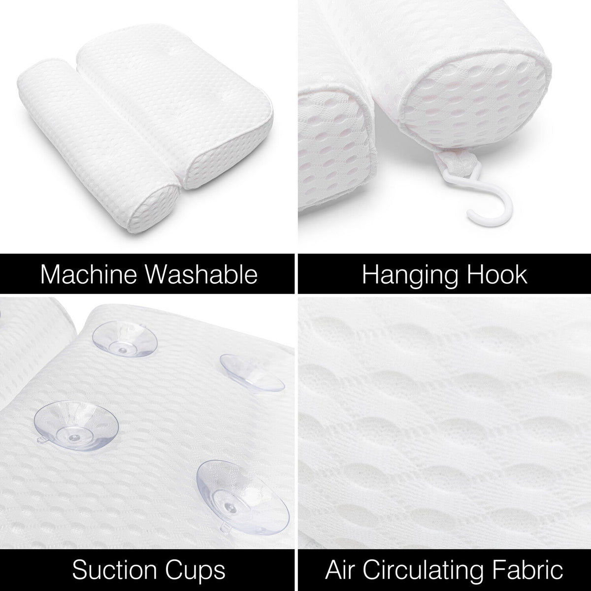 Collage of the Rio Luxury Bath Spa Pillow in four panels, highlighting its machine washability, handy hanging hook, secure suction cups on the back, and close-up of its breathable textured fabric.