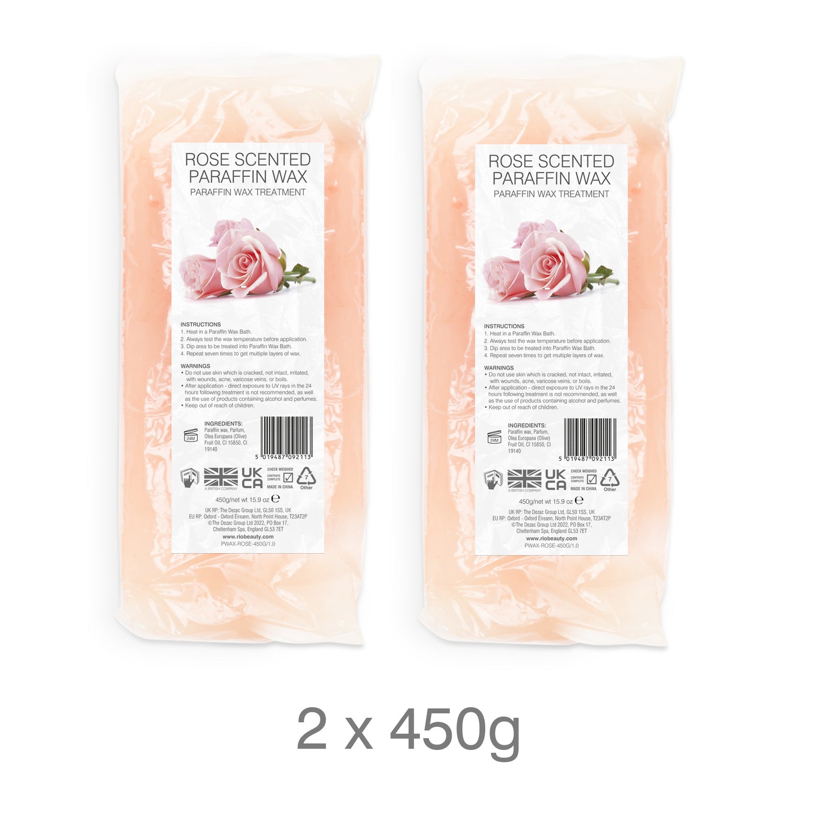 Two packs of Rio paraffin wax (rose-scented, 450g each) in clear packaging with rose-image labels. Perfect for use with your Rio Paraffin Wax Heater to boost comfort and hydrate skin. Text reads: 2 x 450g.