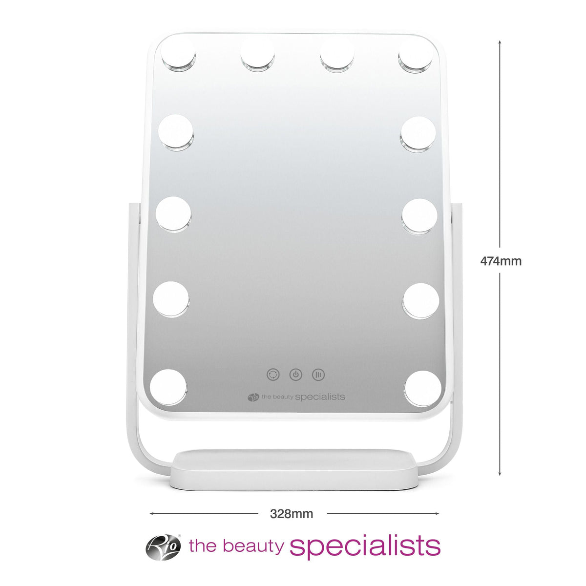 Hollywood glamour dressing table mirror with arrows labelling height 474mm and width 328mm