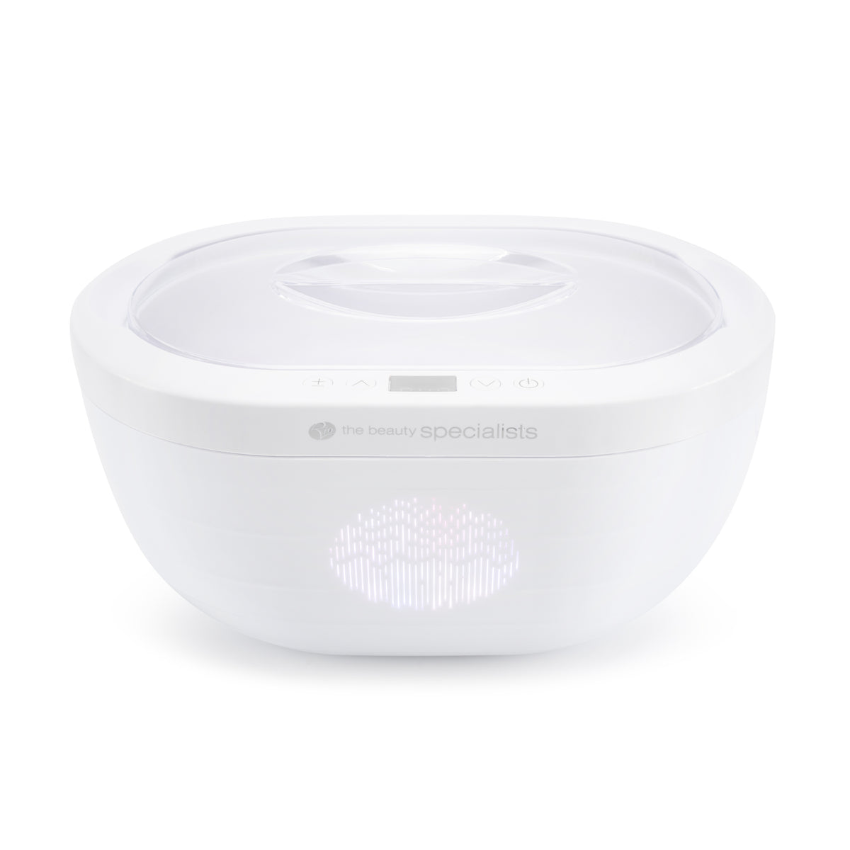 The Rio Paraffin Wax Heater is a white, oval-shaped device with a transparent lid, small digital display, and subtle branding, designed for comfort and skin hydration. Shown against a plain white background.