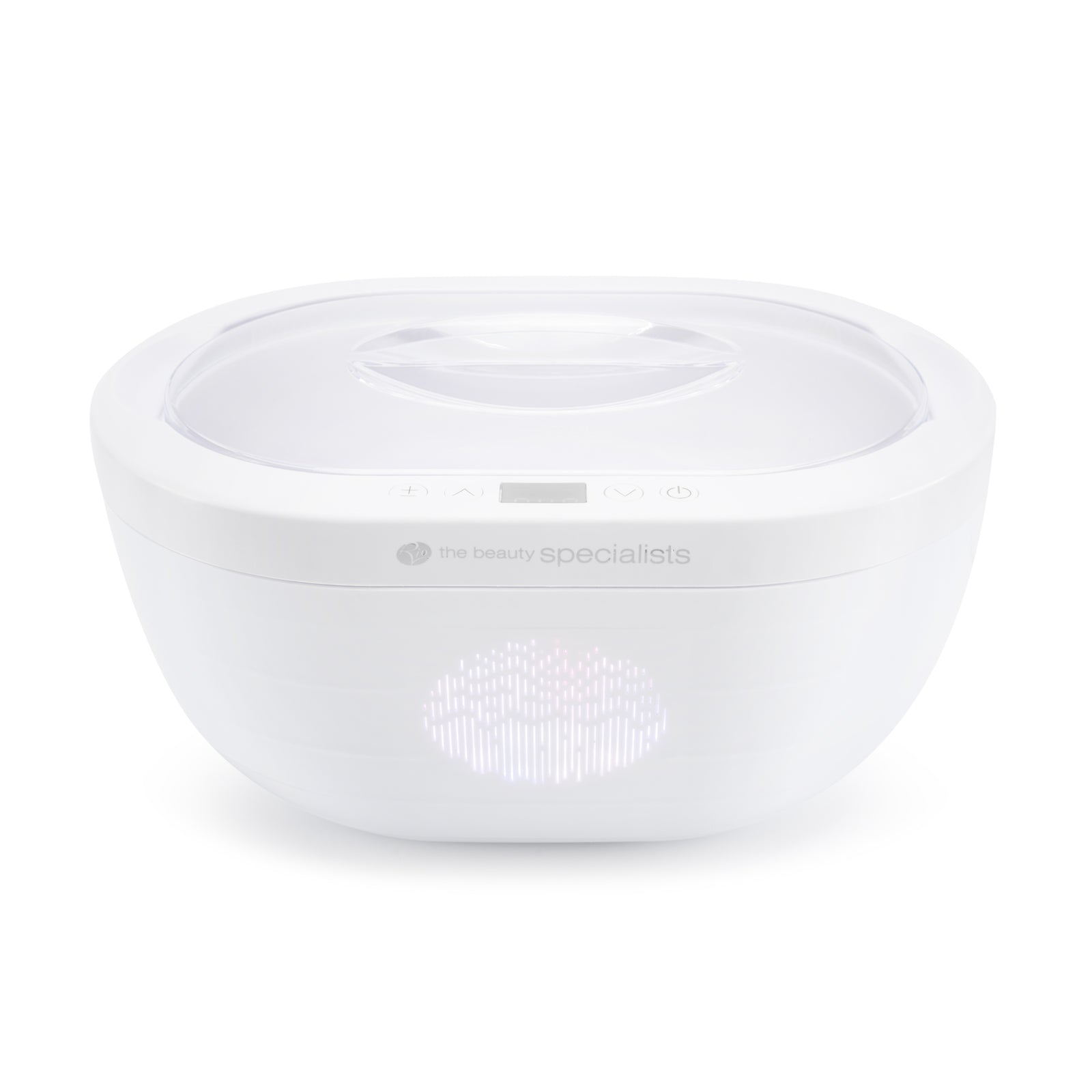 The Rio Paraffin Wax Heater is a white, oval-shaped device with a transparent lid, small digital display, and subtle branding, designed for comfort and skin hydration. Shown against a plain white background.
