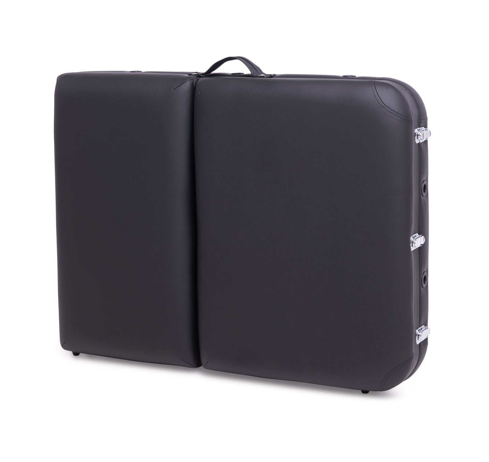 The Rio Professional Aluminium Massage Table & Treatment Couch features a large, black, rectangular portable case with a top handle and side metal latches—ideal for convenient at-home massage sessions.