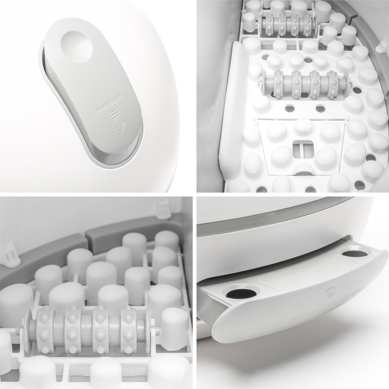 close up of pebble base, foot roller, water collection tray and tray release button 