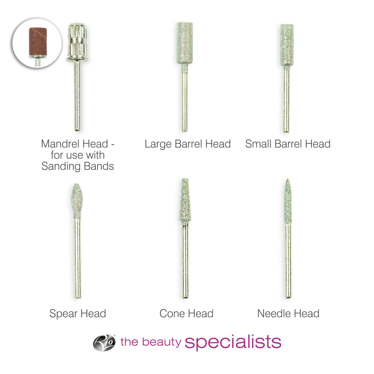 6 silver drill head attachments labelled with names of individual heads