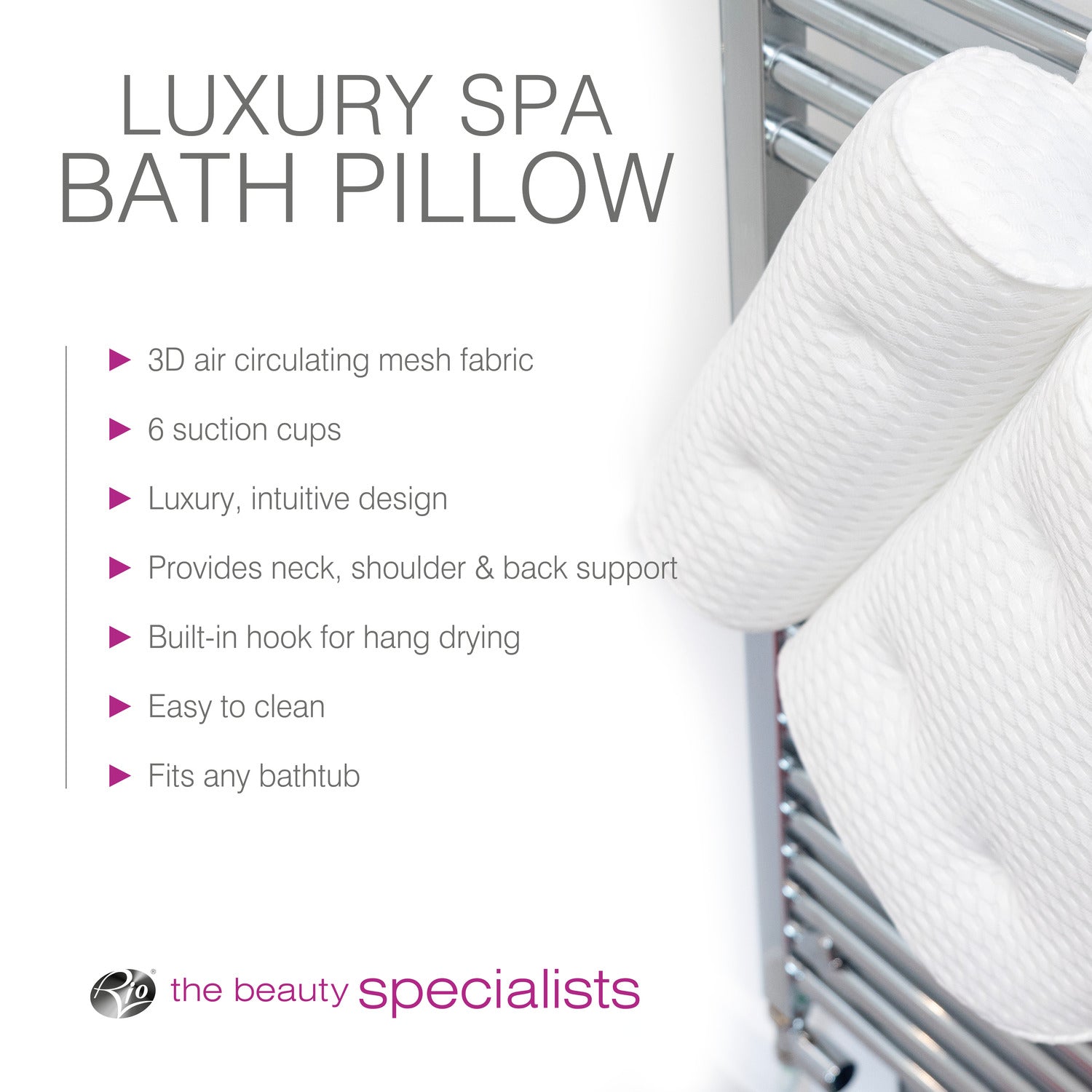 The Rio Luxury Bath Spa Pillow in white features a textured 3D air mesh fabric, strong suction cups, great support, easy cleaning, and fits any bathtub. Its shown hanging on a metal rack for convenience.