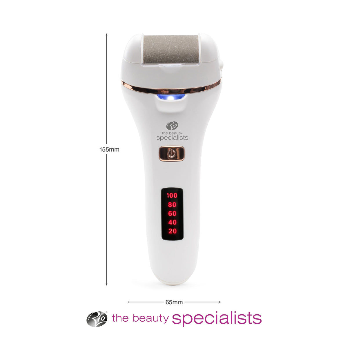 Go smooth 60 second pedi hard skin remover with arrows labelling the height 155m and width 65mm