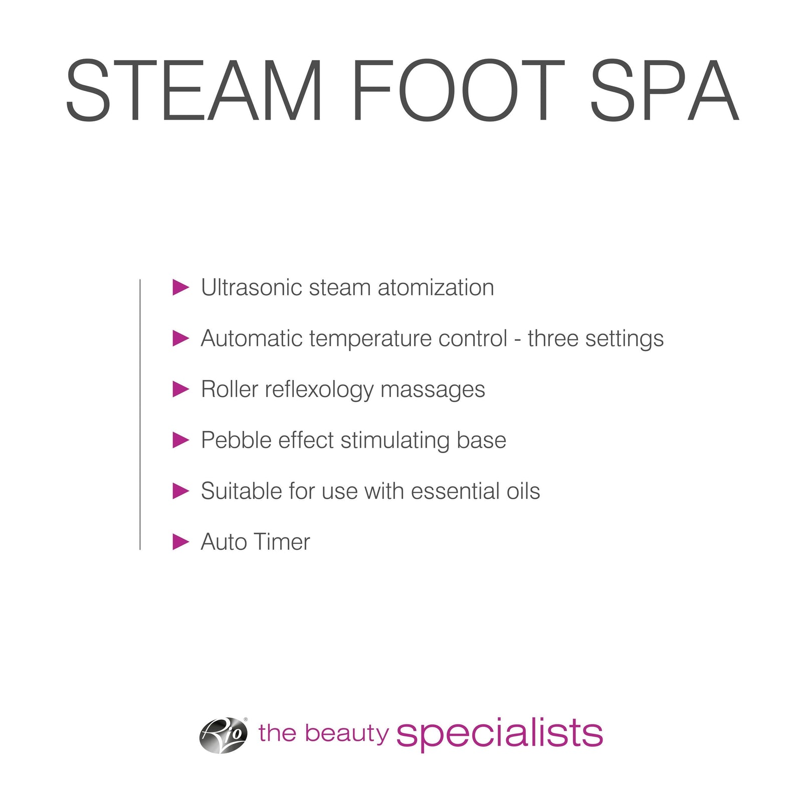 bulleted text listing features: Ultrasonic steam automisation, automatic temperature control - three settings, roller reflexology massages, pebble effect stimulating base, suitable for use with essential oils, auto timer 