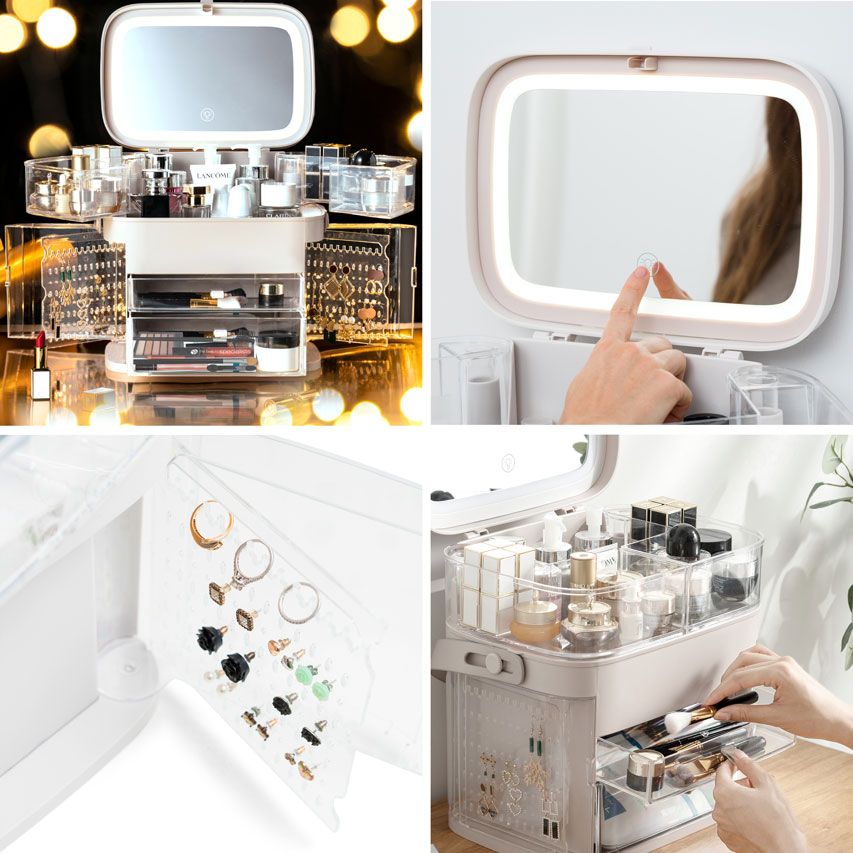 Collage of the Rio Ultimate Beauty Storage Box With Dimmable Mirror, featuring compartments for cosmetics, drawers, jewelry hooks, and touch sensor. Close-ups highlight storage details and a hand activating the mirror light.