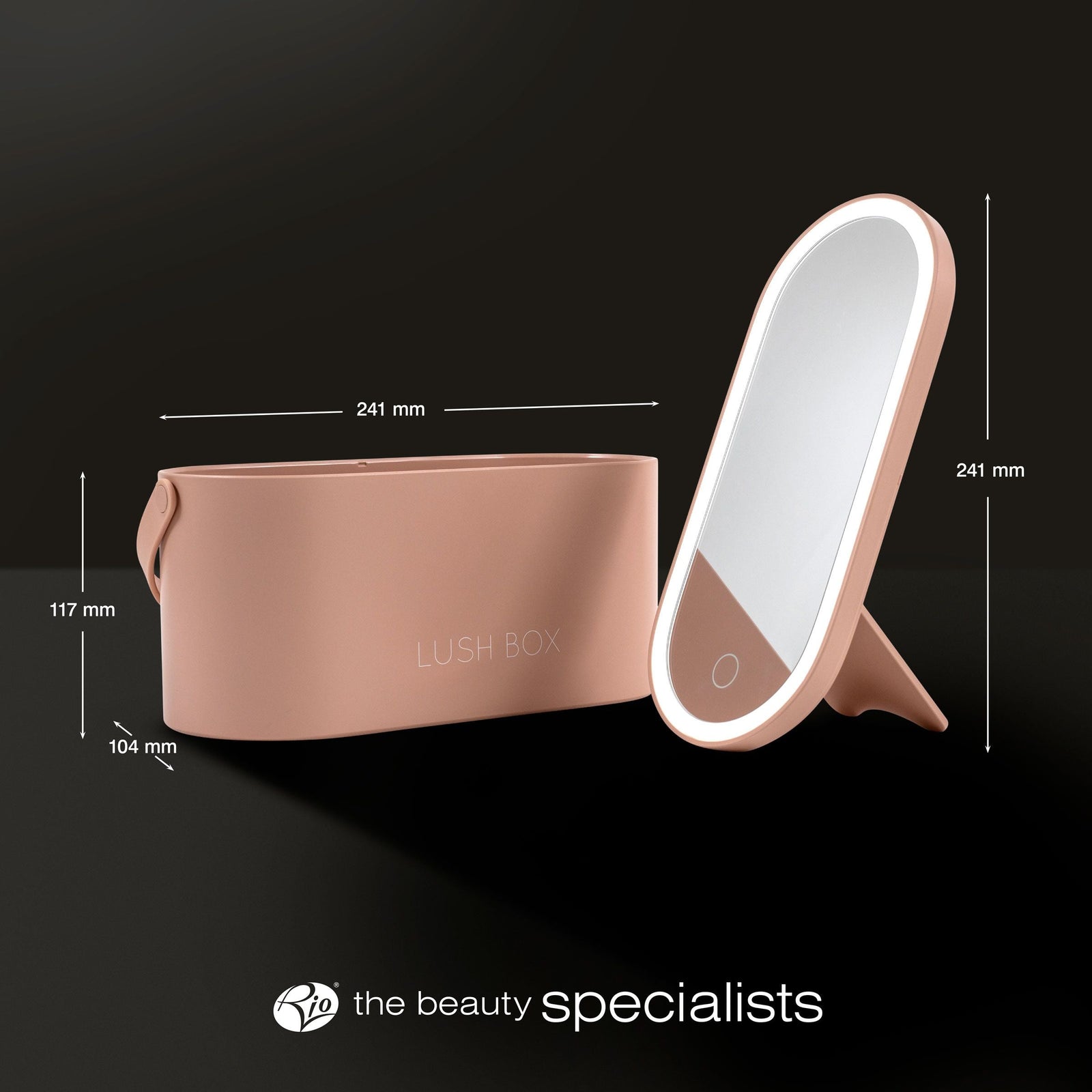 The Rio Lush Box Vanity Case in rose gold measures 241mm wide, 117mm tall, and 104mm deep; its standing mirror is 241mm tall. Featuring the beauty specialists logo at the bottom, it’s your perfect travel companion.
