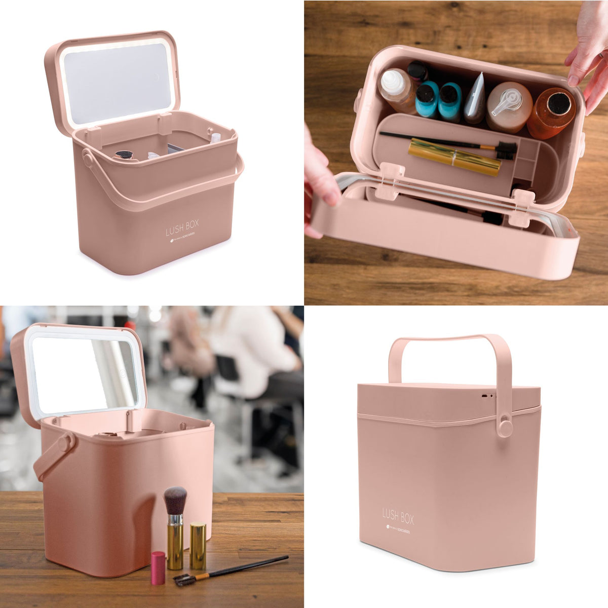 A collage of four images displays the Rio Lush Box Vanity Case - Large in pink, shown open and closed with a mirror, compartments, and handle. Beauty items and makeup brushes are arranged nearby on a wooden surface.
