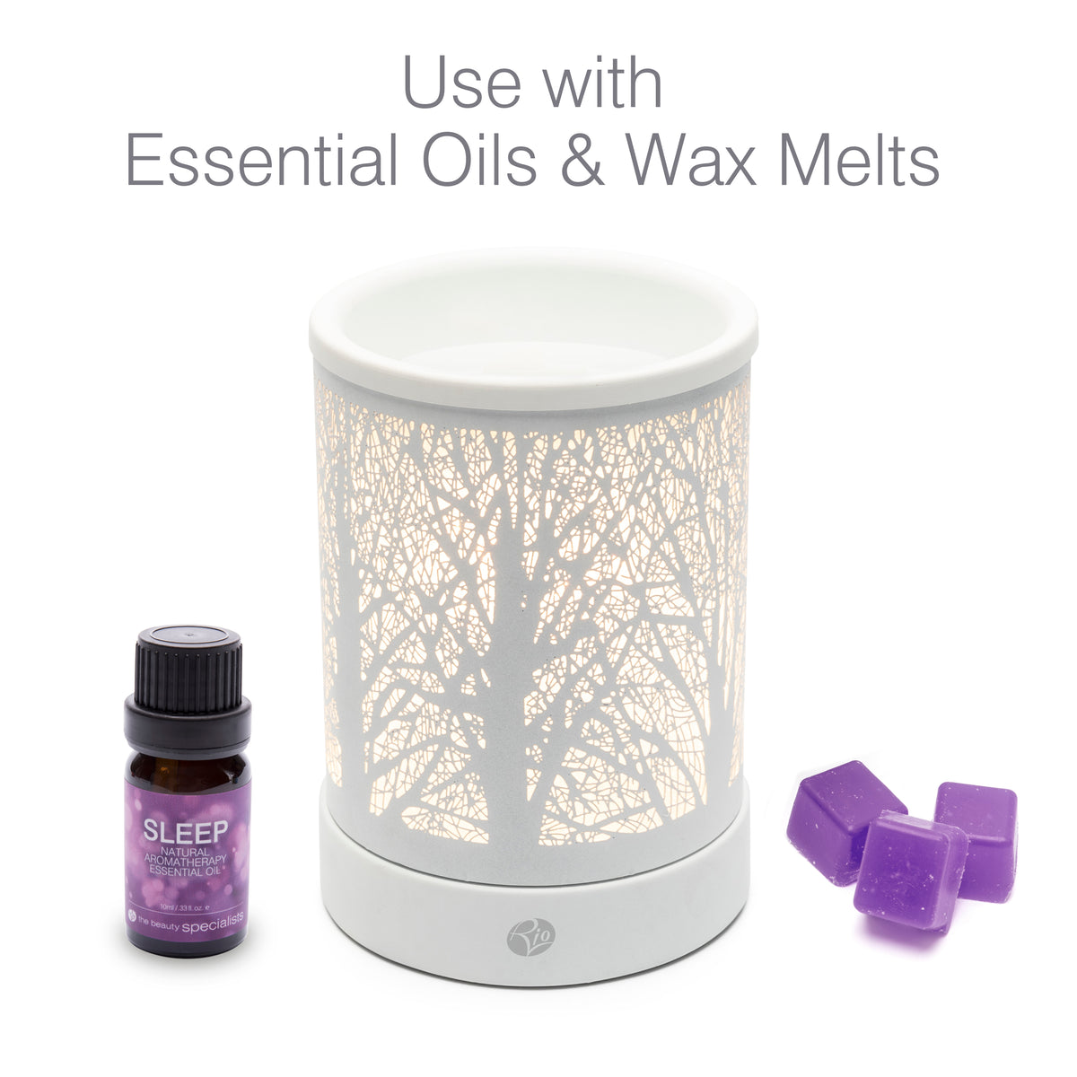 The Rio FORA Wax Melt Burner & Aroma Diffuser Lamp features a white tree branch pattern, glowing gently beside a bottle of Sleep essential oil and four purple wax melts. Text above: Use with Essential Oils & Wax Melts—relax in style.