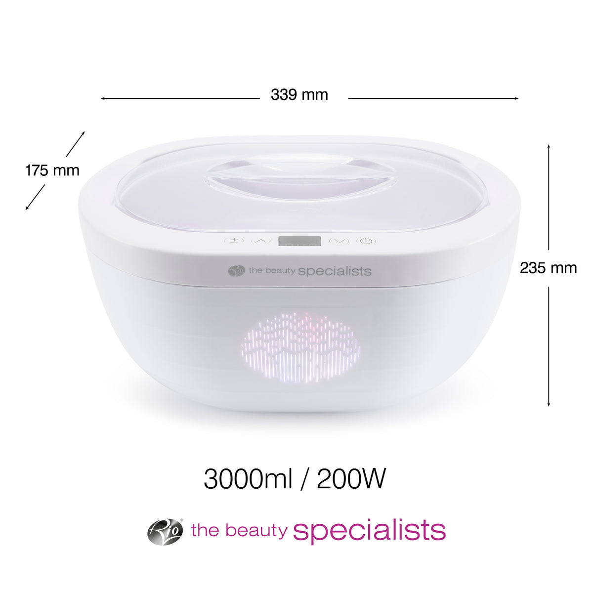 A white 3000ml, 200W Rio Paraffin Wax Heater with transparent lid is shown for skin hydration and comfort. Dimensions: 339mm W x 175mm D x 235mm H. The beauty specialists logo is at the bottom.