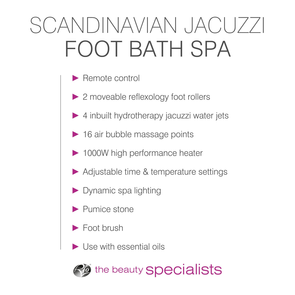 Bulleted text listing features: remote control, 2 moveable reflexology foot rollers, 4 inbuilt hydrotherapy jacuzzi water jets, 16 air bubble massage points, 1000W high performance heater, adjustable time and temperature settings, dynamic spa lighting, pumice stone, foot brush, use with essential oils 